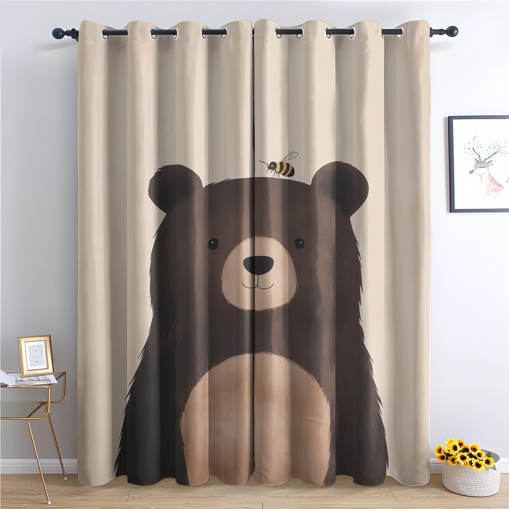Luxfieo Bear Blackout Curtains for Living Room Bedroom - 72 Inch Drop Curtains 66x72, Kids Cute Cartoon Brown Bear Patterned Window Treatments, Thermal Eyelet Drapes 2 Panels T#357