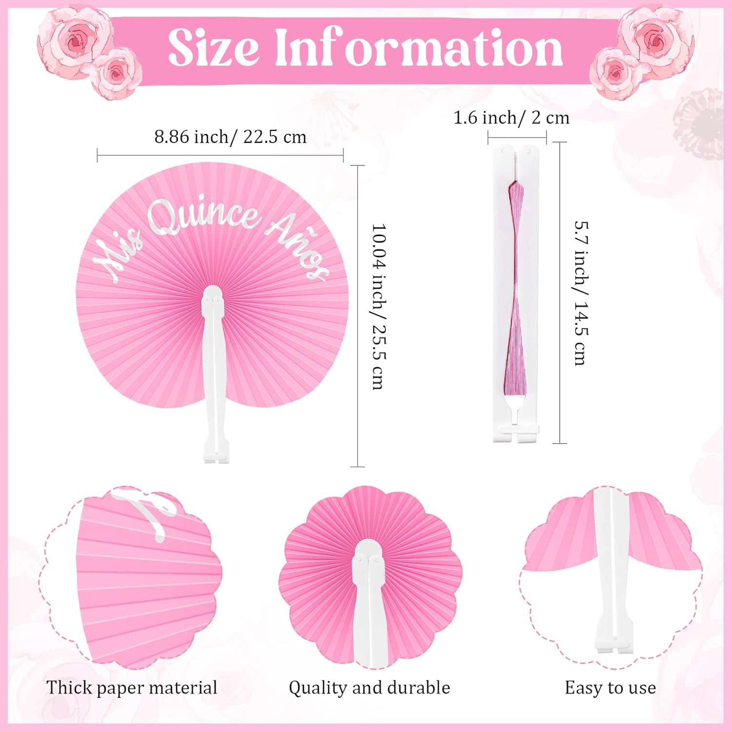 50 Sets Quinceanera Party Favors for Guests Folding Paper Fans Round Plastic Handheld Fan with Card and Gift Bag for 15th Años Birthday Party Favor Princess Thank You Gift Decoration (Pink)