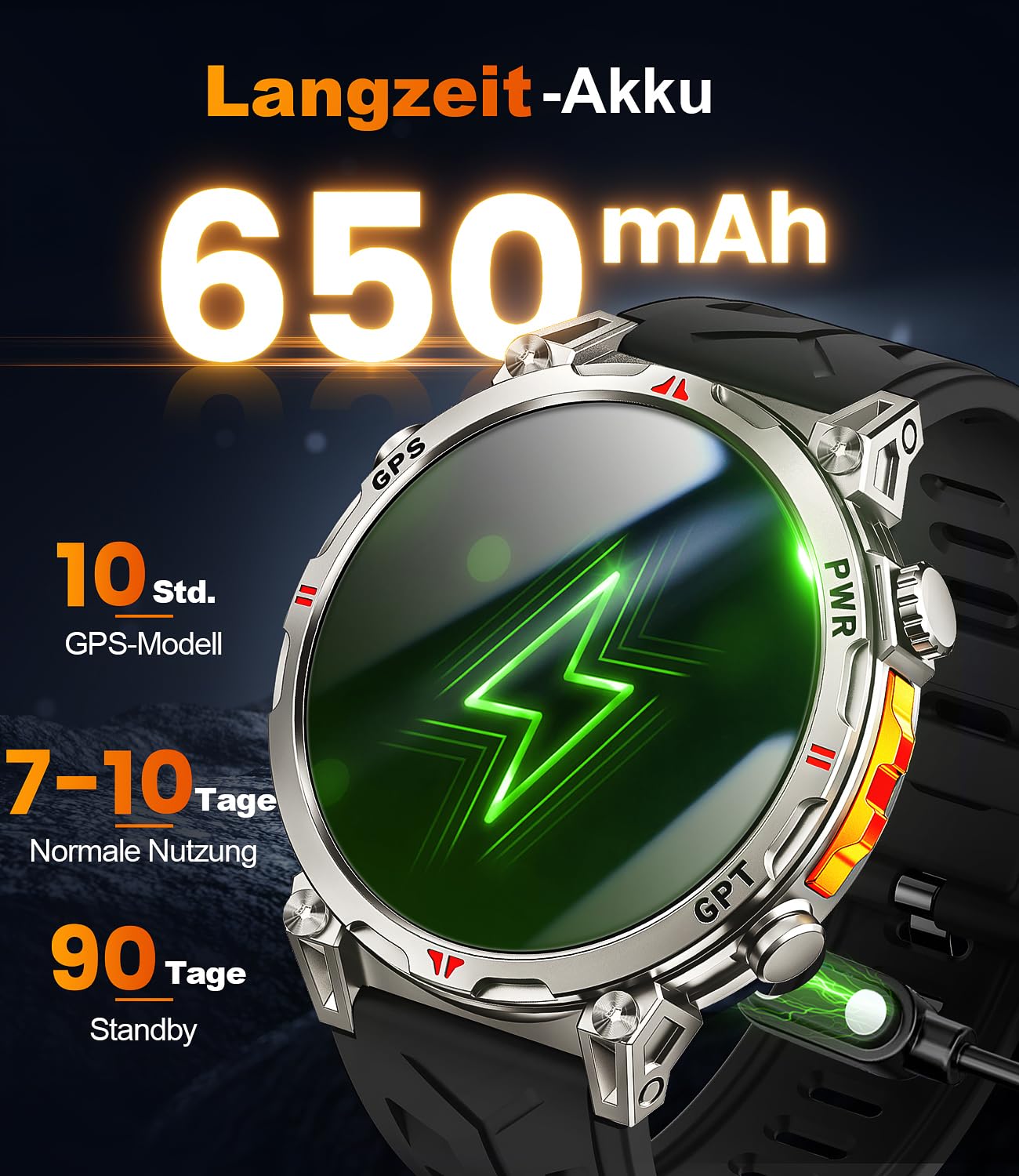 GPS Smartwatch Herren, Militär Smartwatch GPS Sportuhr 1.6" AMOLED Display,Telefoniefunktion, Herzfrequenz, Schlaf, 5 GPS-Sportmodi, 100+ Sportmodi Fitnessuhr für Android iOS