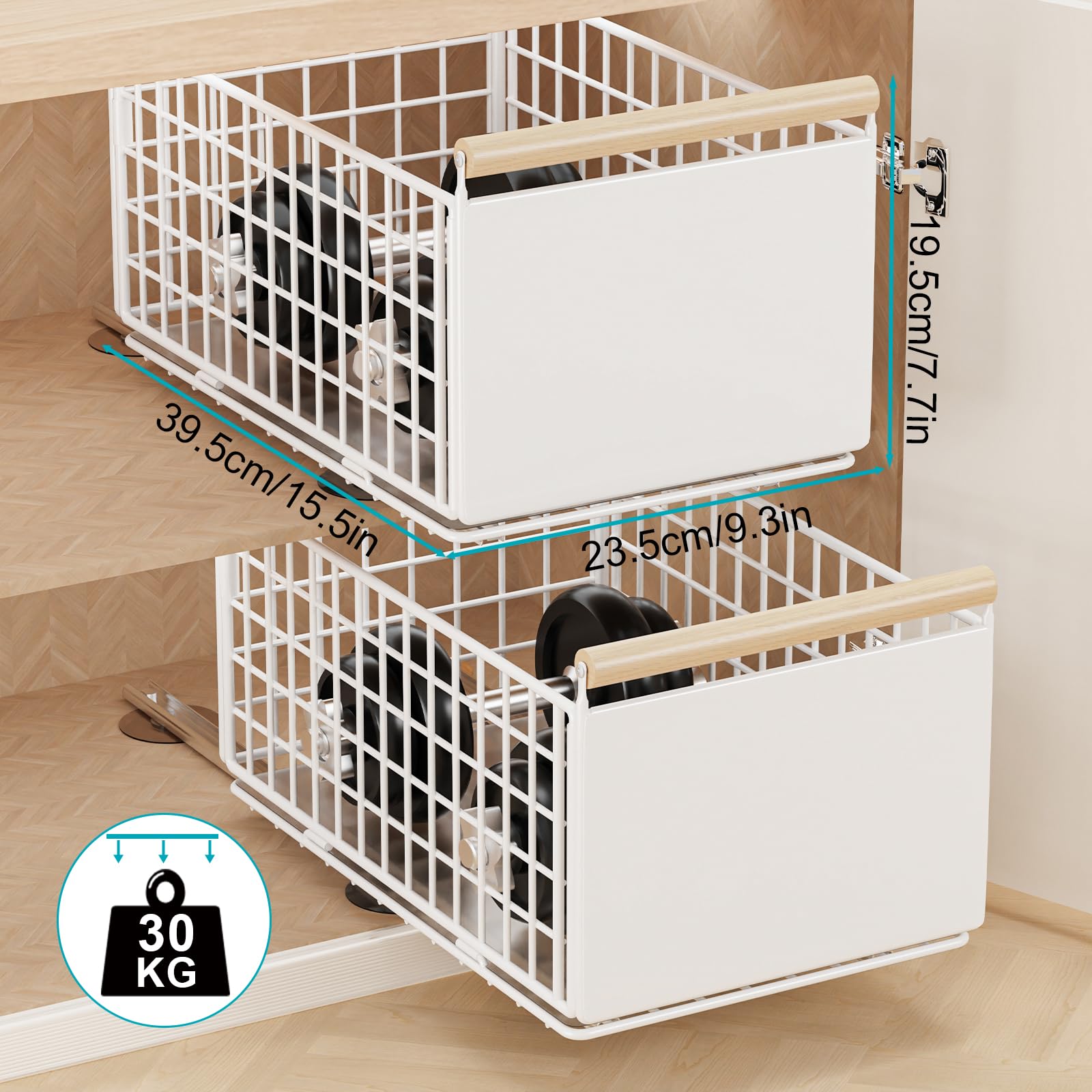 2 Pièce Tiroir Rangement Cuisine Placard, 39.5×23.5×19.5cm, Blanc | Panier Coulissant Adhesif,Organiseurs d'Armoires,Organisation de Placards, Facilité D'Installation,Schubladen Organizer