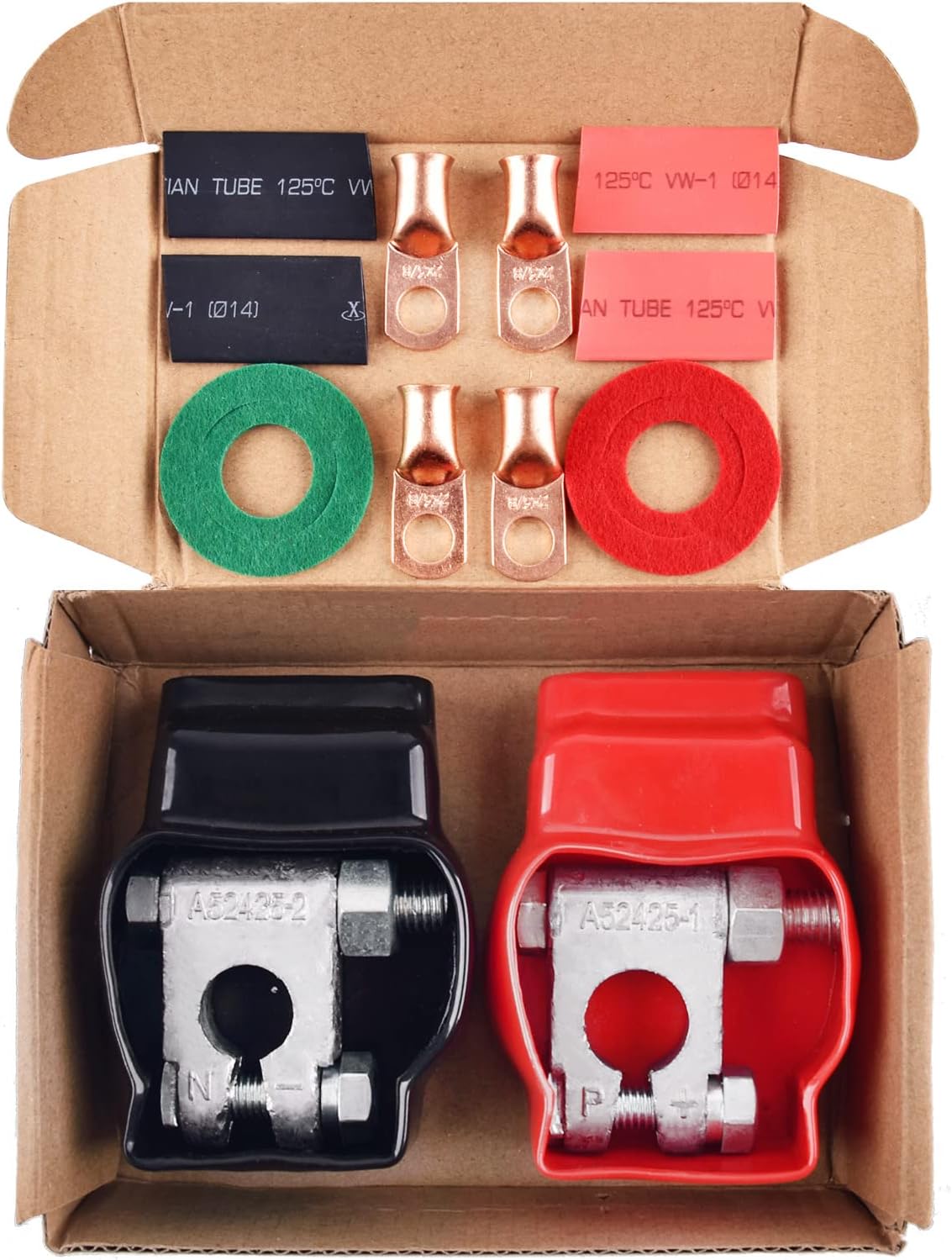 Battery Terminal Connectors, Military Spec Positive Negative Heavy Duty Auto Car Marine Battery Terminal,with 4 Pcs 2 Gauge 3/8" Copper Lugs,4 Heatshrink,2 Cover and Anti Corrosion Washers (Kit)