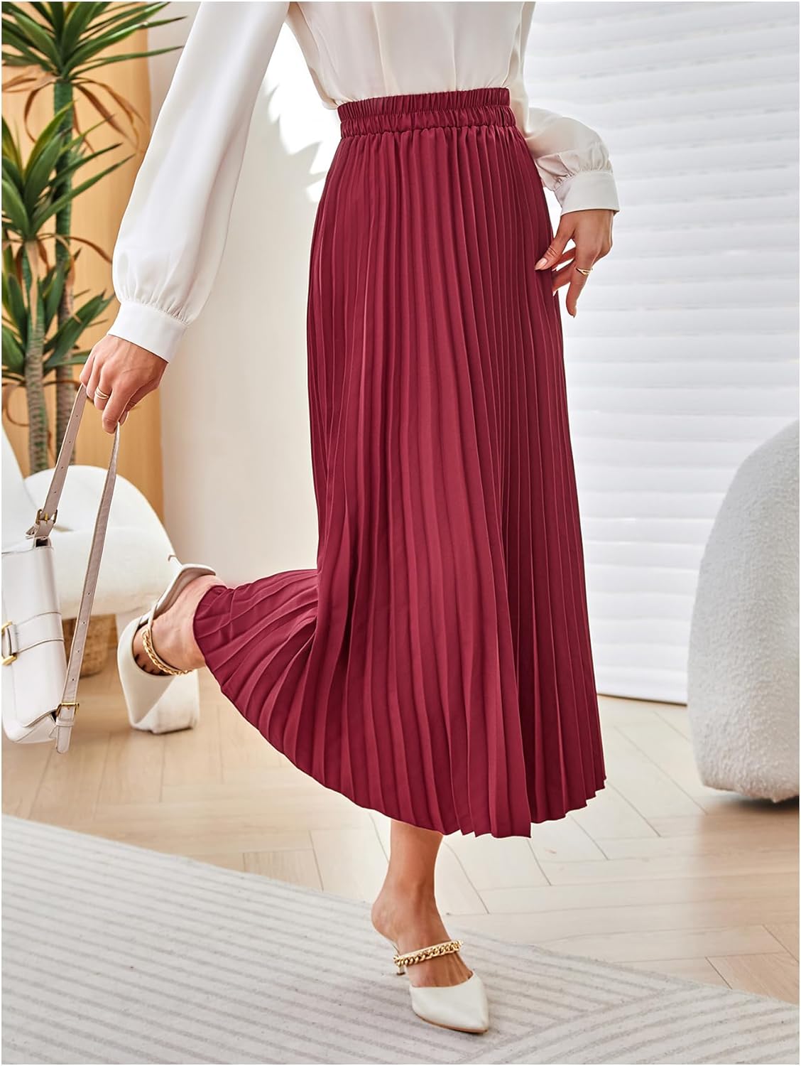 SweatyRocks Women's Casual Solid Longline Pleated Long Skirt - Image 5