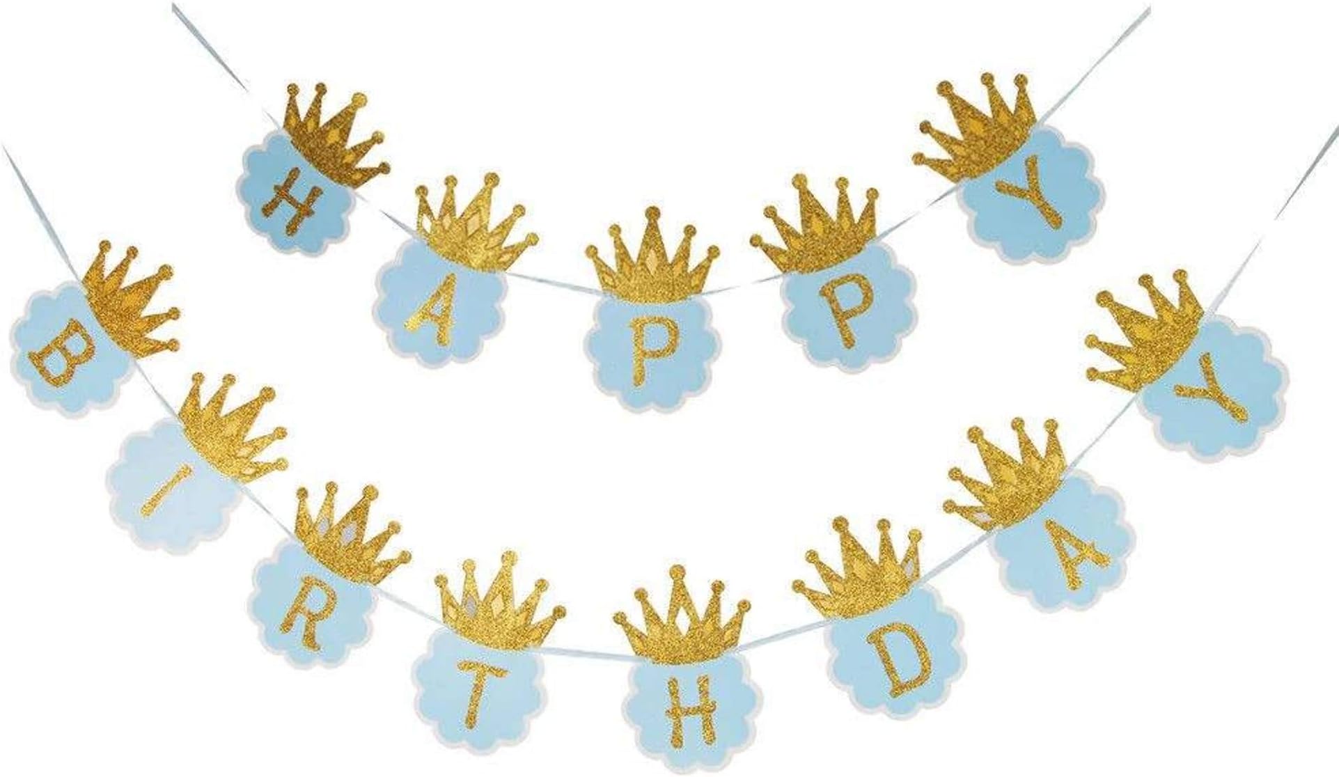 FuncartGlitter Gold and Blue Crown Printed Happy Birthday Letter Banner