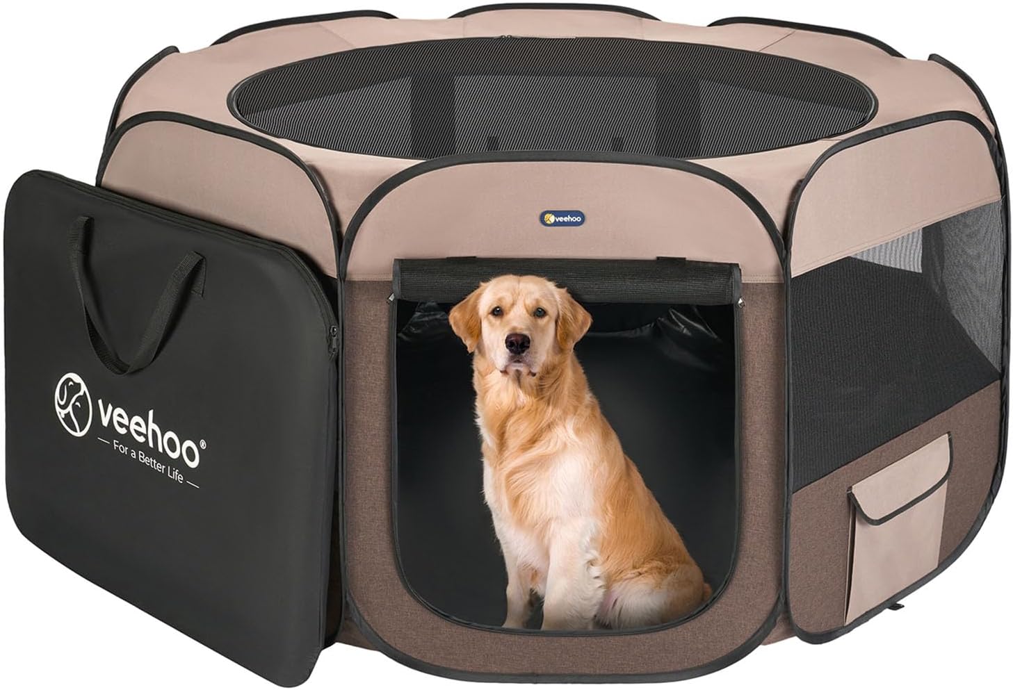 Veehoo Portable Dog Playpen – Extra Large Dog Playpen Indoor/Outdoor with Removable Zipper Top, Foldable Dog Play Pen Pet Playpen with Carrying Case, Brown