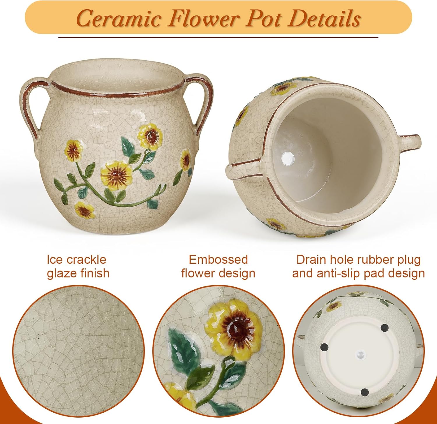 BUYMAX 6 Inch Vintage Ceramic Flower Pot with Relief Design & Handles, Indoor Plant Planter with Drainage Hole, Home Garden Decor for Living Room, Gift Ideas