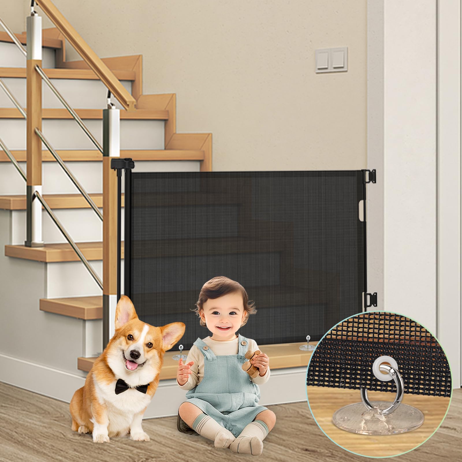 Barrière Rétractable Pour Bébé Et Animaux - Hauteur 40 Cm, Largeur 140 Cm - Maille PVC, Sans Perçage - Intérieur Et Extérieur