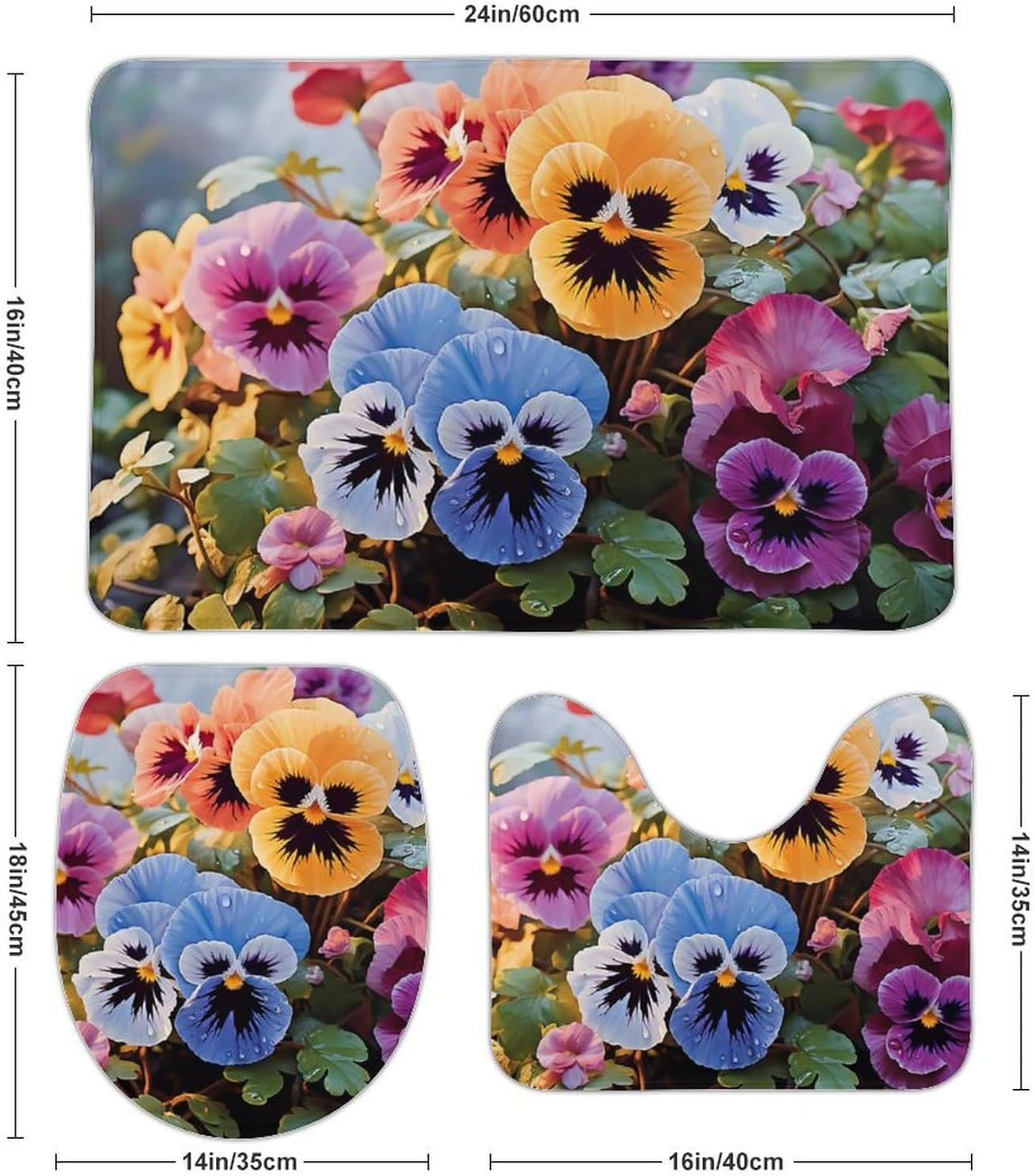 Bathroom Rug Set of 3 Pansy Flowers Bath Mat Decor Rug 16"x24" Non Slip Shower Mat Washable Bath Mats for Door Entrance Tub Side Toilet U Shape Mats