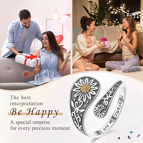 Miniatura 7 de Adjustable DragonflyCeltic Ring for Men Women 925 Sterling Silver LotusSunflower Spoon Rings Oxidation Antique Floral Inspirational Band Jewelry