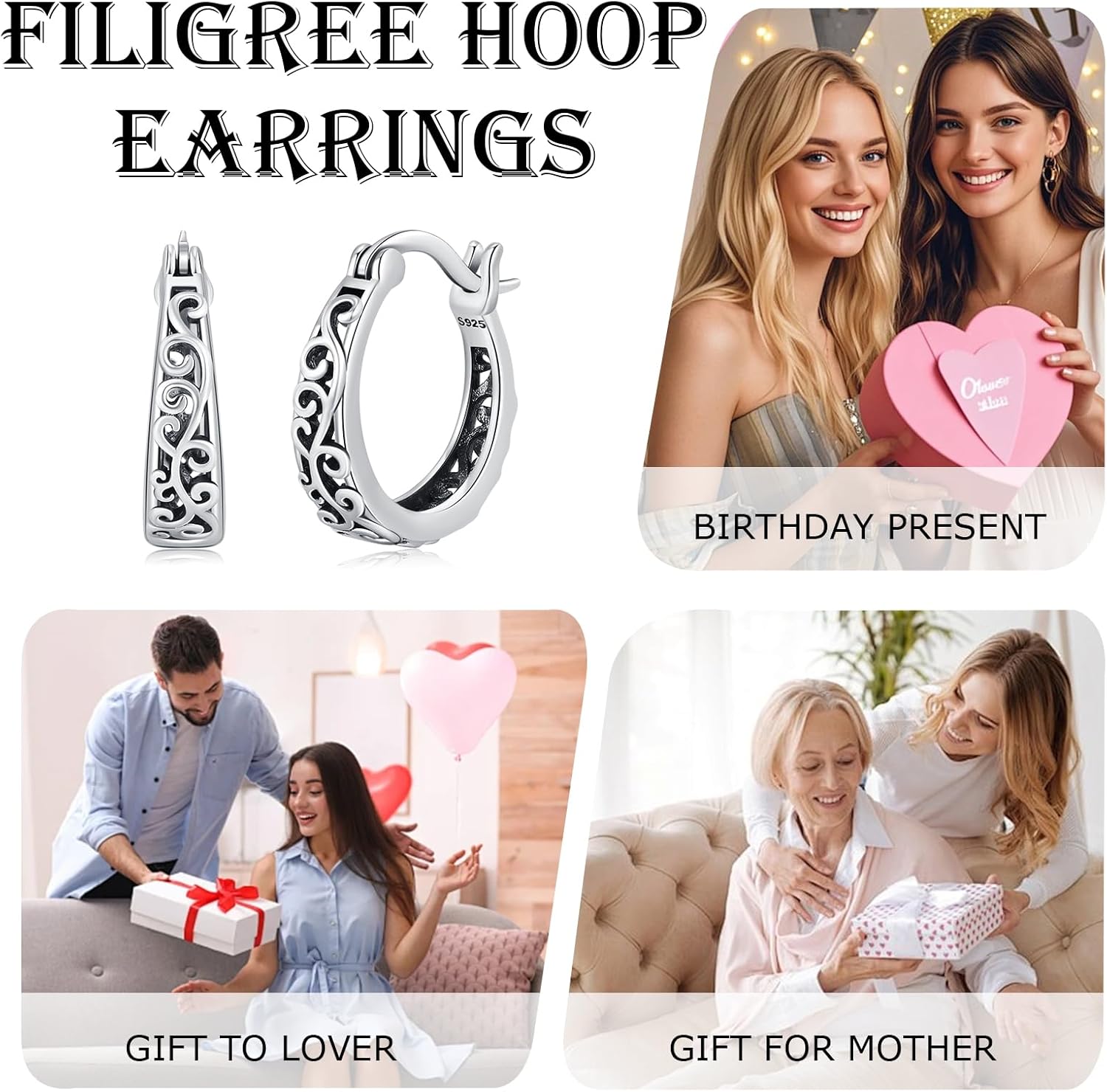 Tree of Life/Filigree Hoop Earrings for Women 925 Sterling Silver 17mm Huggie Earrings Hypoallergenic Jewelry Christmas Gifts for Girlfriend Mother