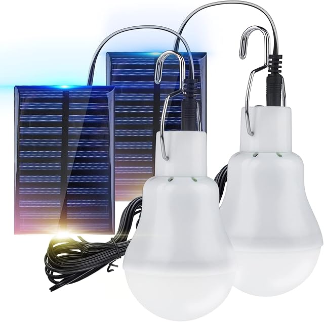 2 Pack Solar Powered Led Shed Light Bulb, TechKen Portable Lantern Lamp with Panel for Indoor Outdoor Kitchen Garden Patio Yard Hiking Camping Tent Fishing Lighting