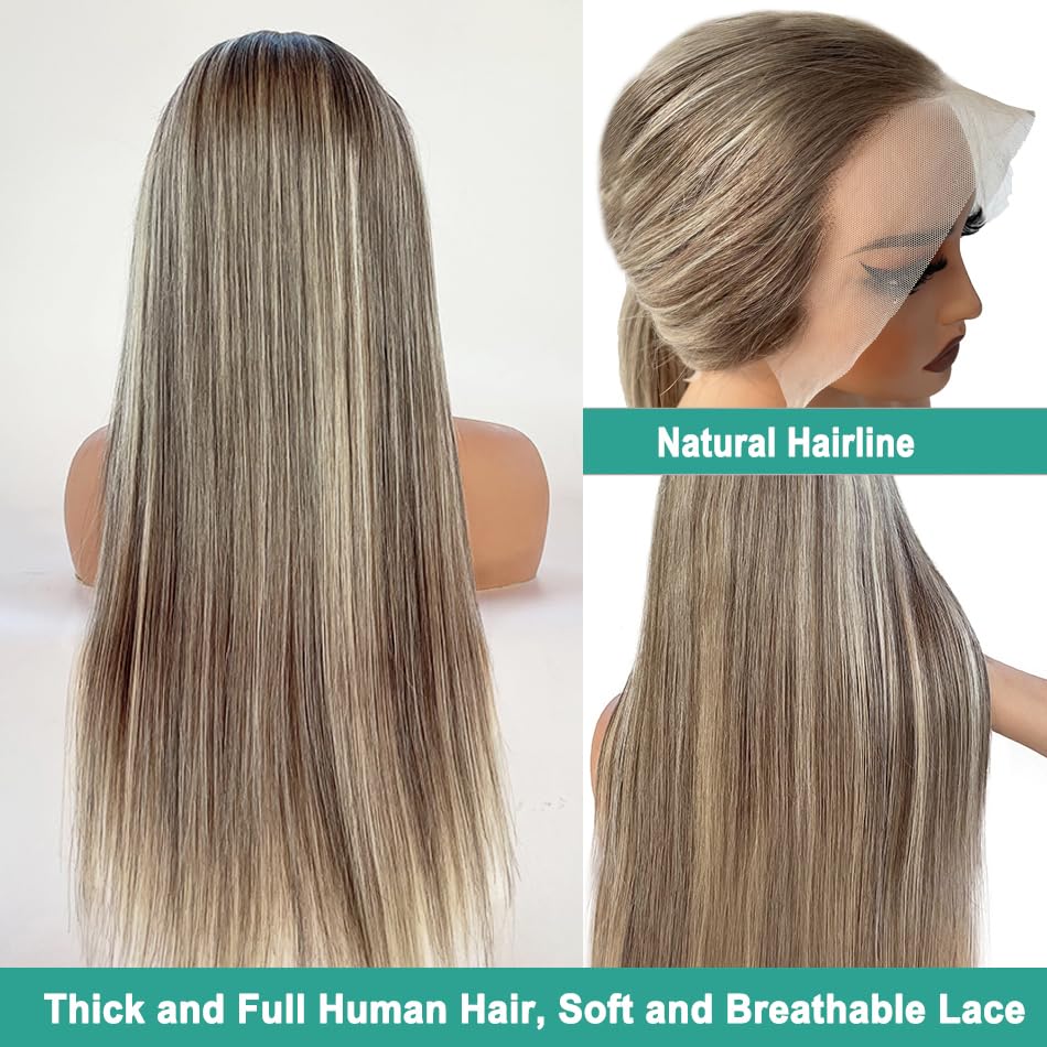 Image of Munx 13x6 Highlighted Lace Front Wigs Human Hair, Ash Blonde Balayage Glueless Wigs Human Hair for Women Ash Brown with Platinum Blonde Highlight Lace Front Wig Pre Plucked 180% Density 26 inch