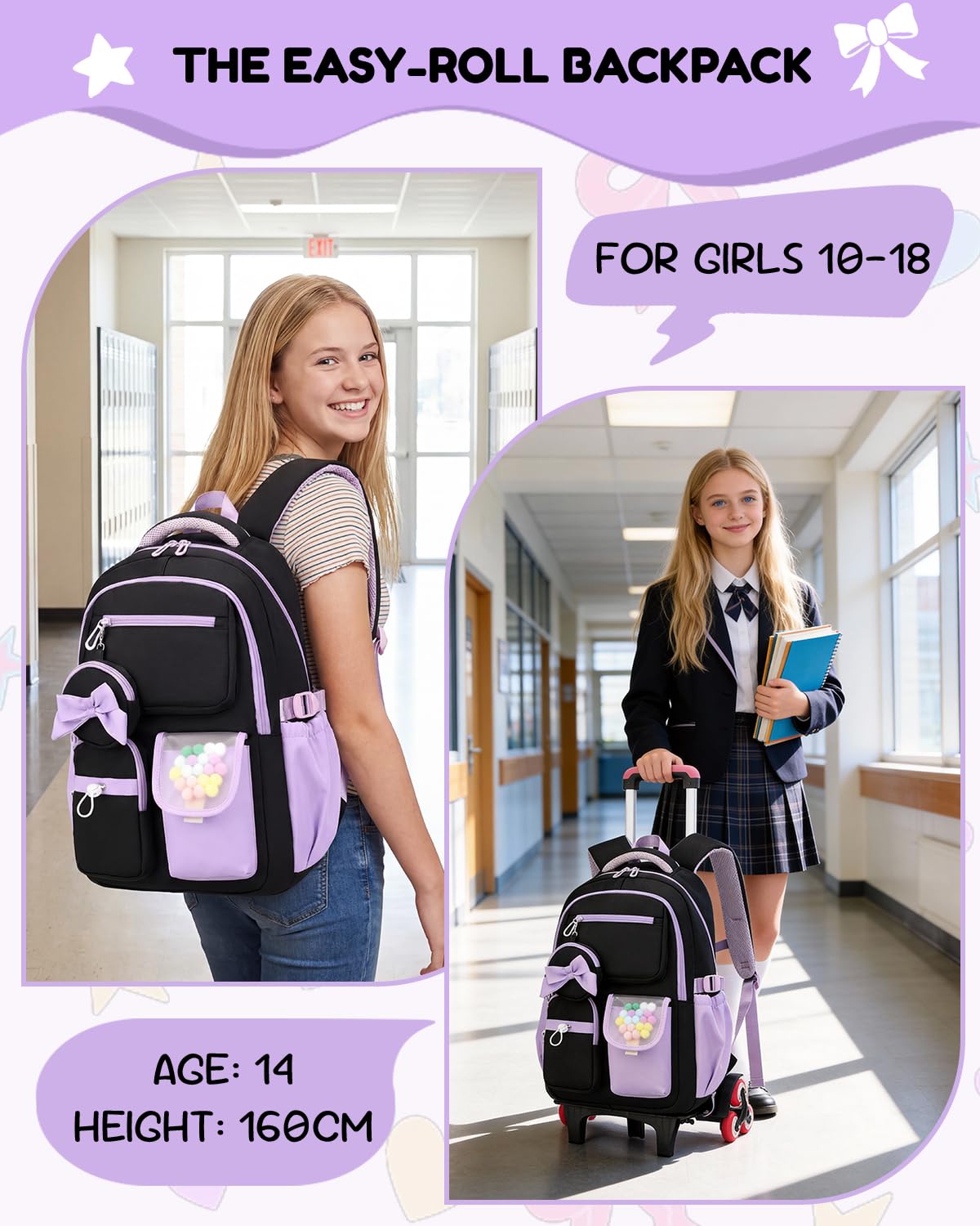 Amythe Zaino con Ruote Bambina 10-18 Anni – Trolley Scolastico 6 Ruote con Carrello Rimovibile – Zaino Trolley per Ragazze Scuole Medie – Grande Capacità per PC 15.6", Viola