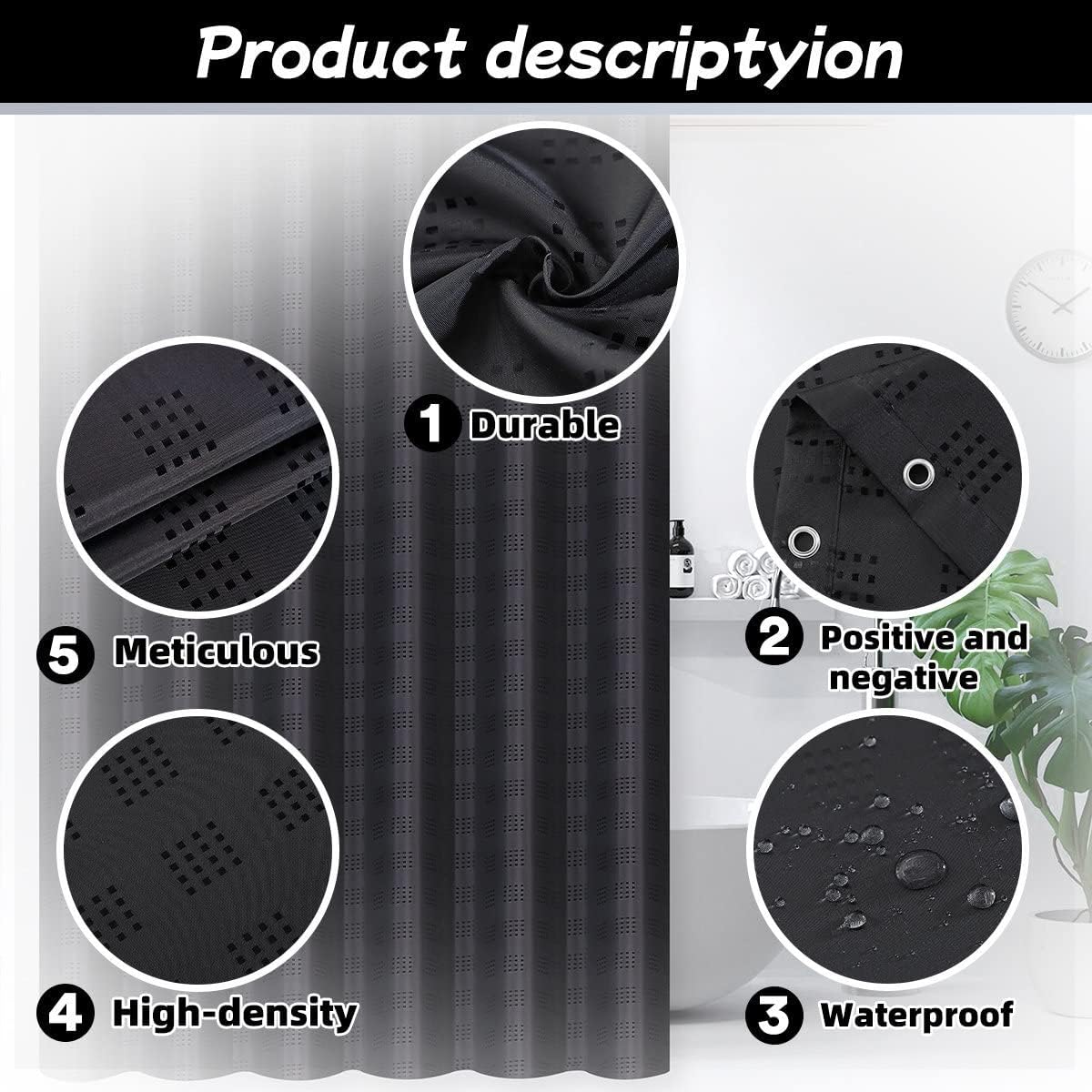 SpaceDresser Jacquard Fabric Shower Curtain,Shower Curtain Liner,Hotel Quality Waffle Weave Bathroom Curtain with Grommets,72 x 72 Inches Long Waterproof Shower Curtains Black