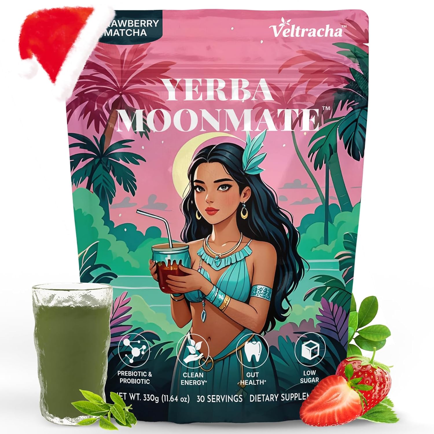 Yerba Mate Instant Tea Powder, 4-in-1 Functional Yerba Extract with Prebiotics & Probiotics, Low Sugar Clean Energy Drink for Focus, Gut Health & Reduce Brain Fog, Strawberry Matcha - 30 Servings