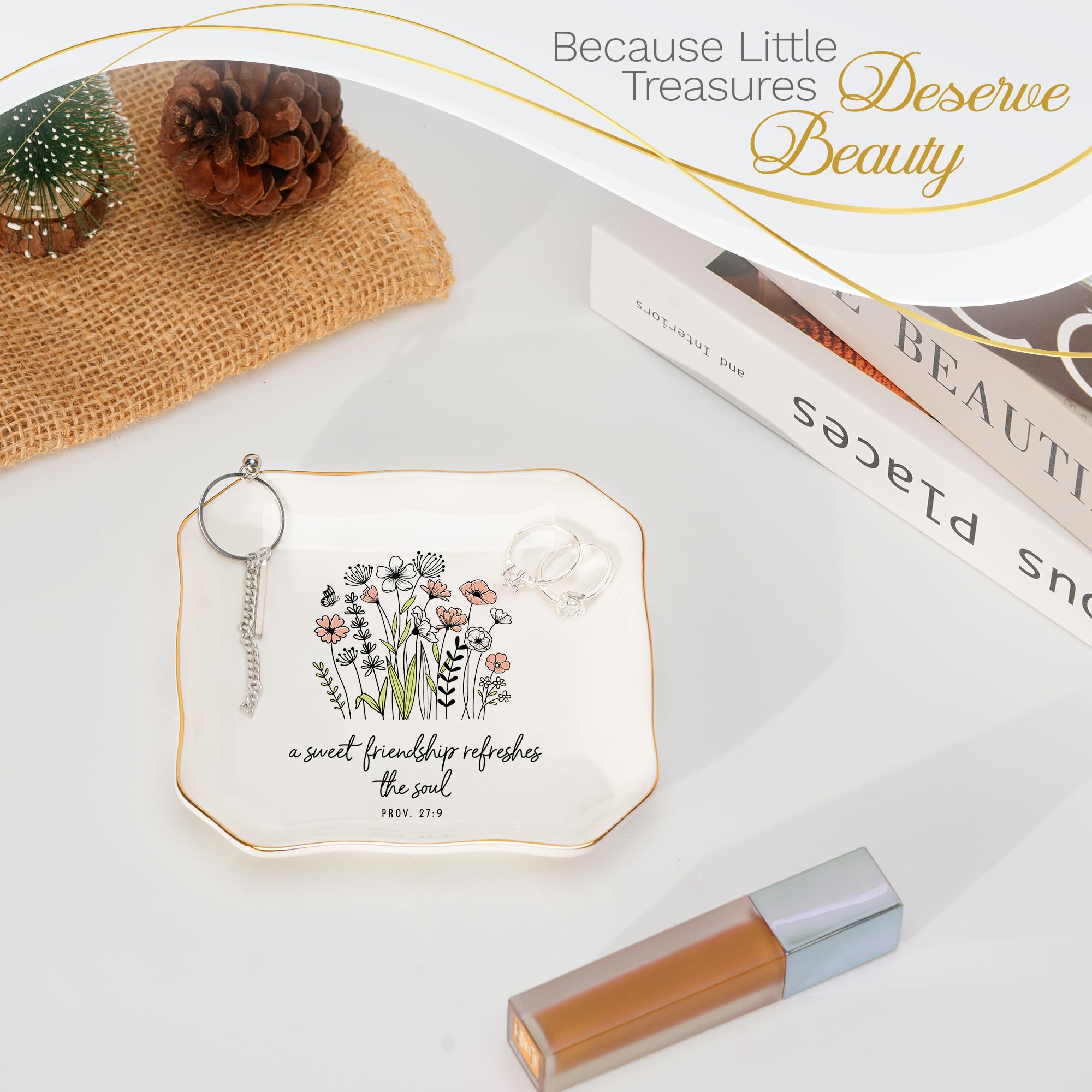 HEXMOZ Friendship Gifts for Women, Best Friend - Friend Birthday Ideas Gift, Soul Sister Gift for Women Christian - Sweet Friendship 4.5"X4.5" Floral Ceramic Jewelry Dish Tray - Tricket Dish