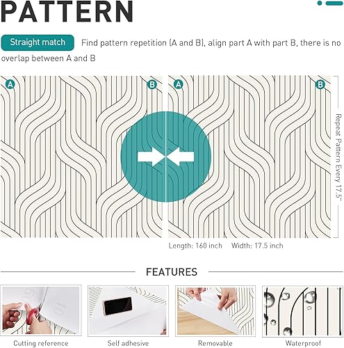 Miniatura 7 de Papel de contacto blanco y negro, moderno, a rayas, extraíble, geométrico, para despegar y pegar, papel tapiz autoadhesivo de 17.5 x 160 pulgadas,