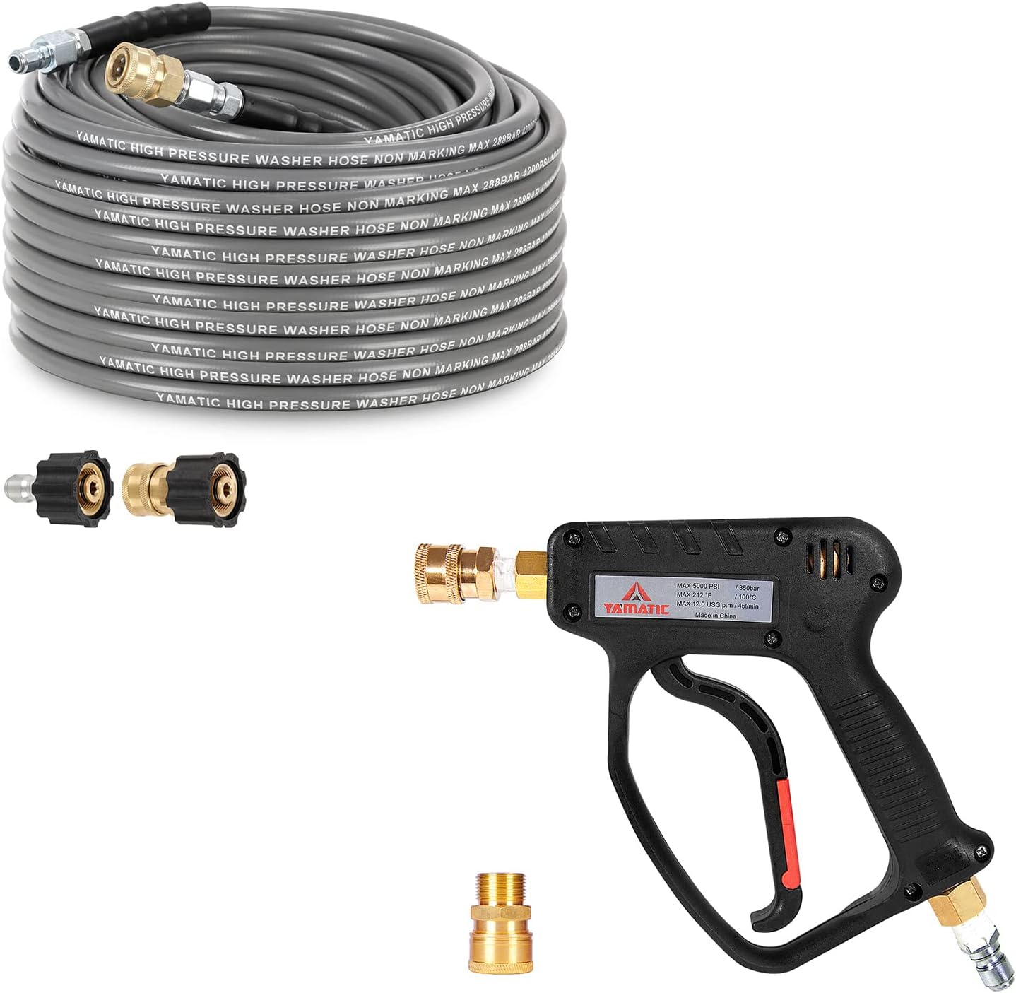 YAMATIC Pressure Washer Hose 1/4" 50 FT Tensile Wire Braided Hot & Cold Water Replacement, 5000 PSI High Pressure Washer Trigger Gun Pressure Spray Gun / 35 Mpa, 12 GPM, 3/8" Swivel FNPT Quick Connect