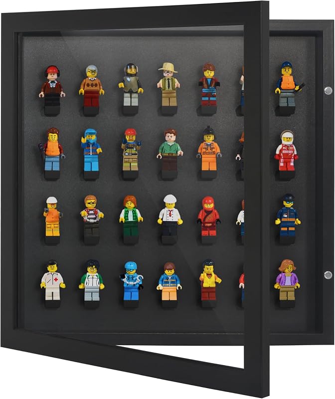 14x14 Minifigure Display Case - Black | Holds up to 28 small miniatures, lockable, Polished plexiglass front, wall mounted display