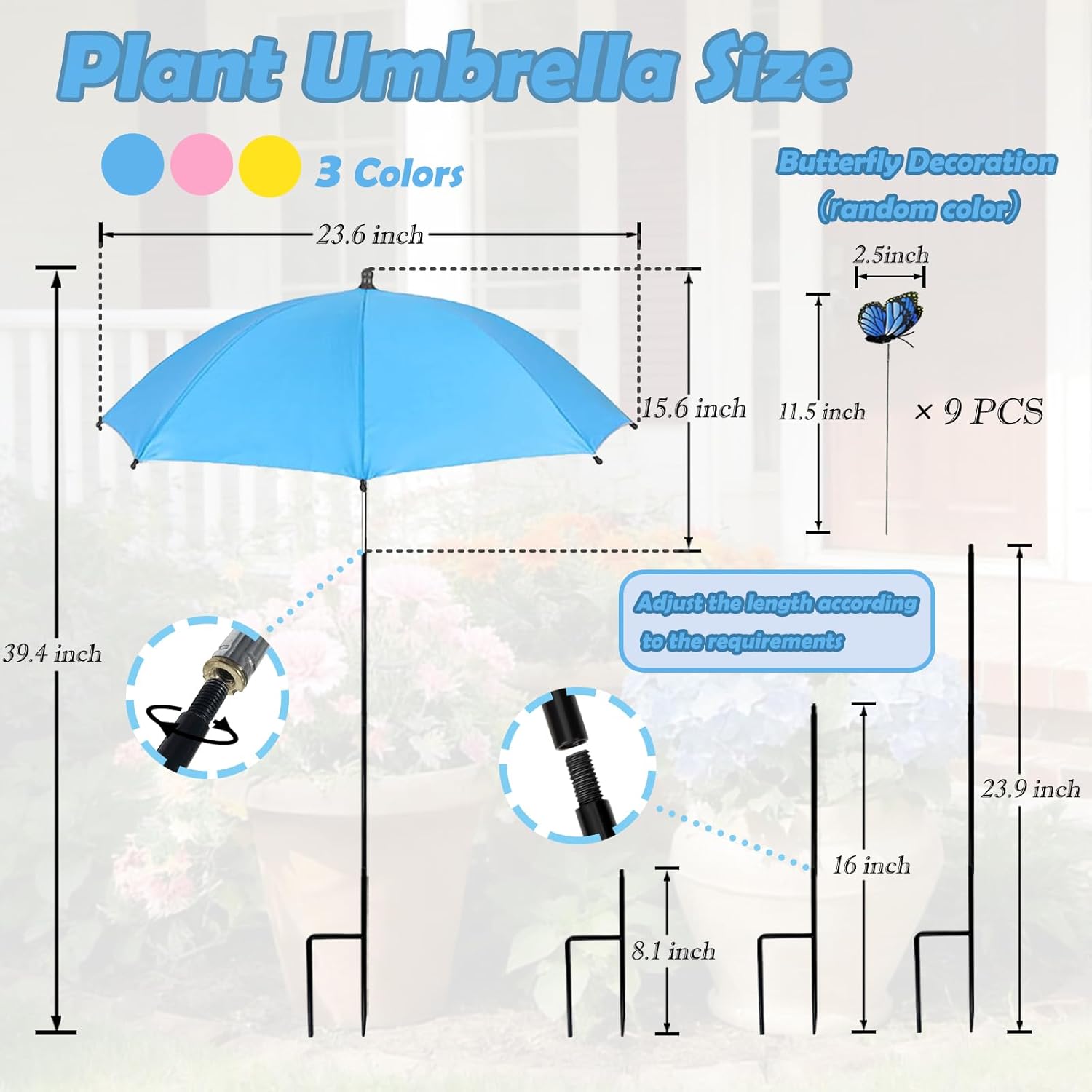 3 Pcs Plant Umbrellas for Outdoor Plants, Garden Umbrella Shade for Plants, Garden Sunshade Adjustable Angle Plant Shade Cover from Blazing Sun & Rain with 9Pcs Butterfly Decor