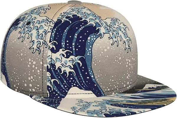 Gorra Snapback de Ala Plana para Hombre y Mujer con Estampado Completo y Ajustable | Gorra Deportiva Transpirable de Poliéster La Gran Ola Pintura Japonesa de Hokusai Bajo una Ola