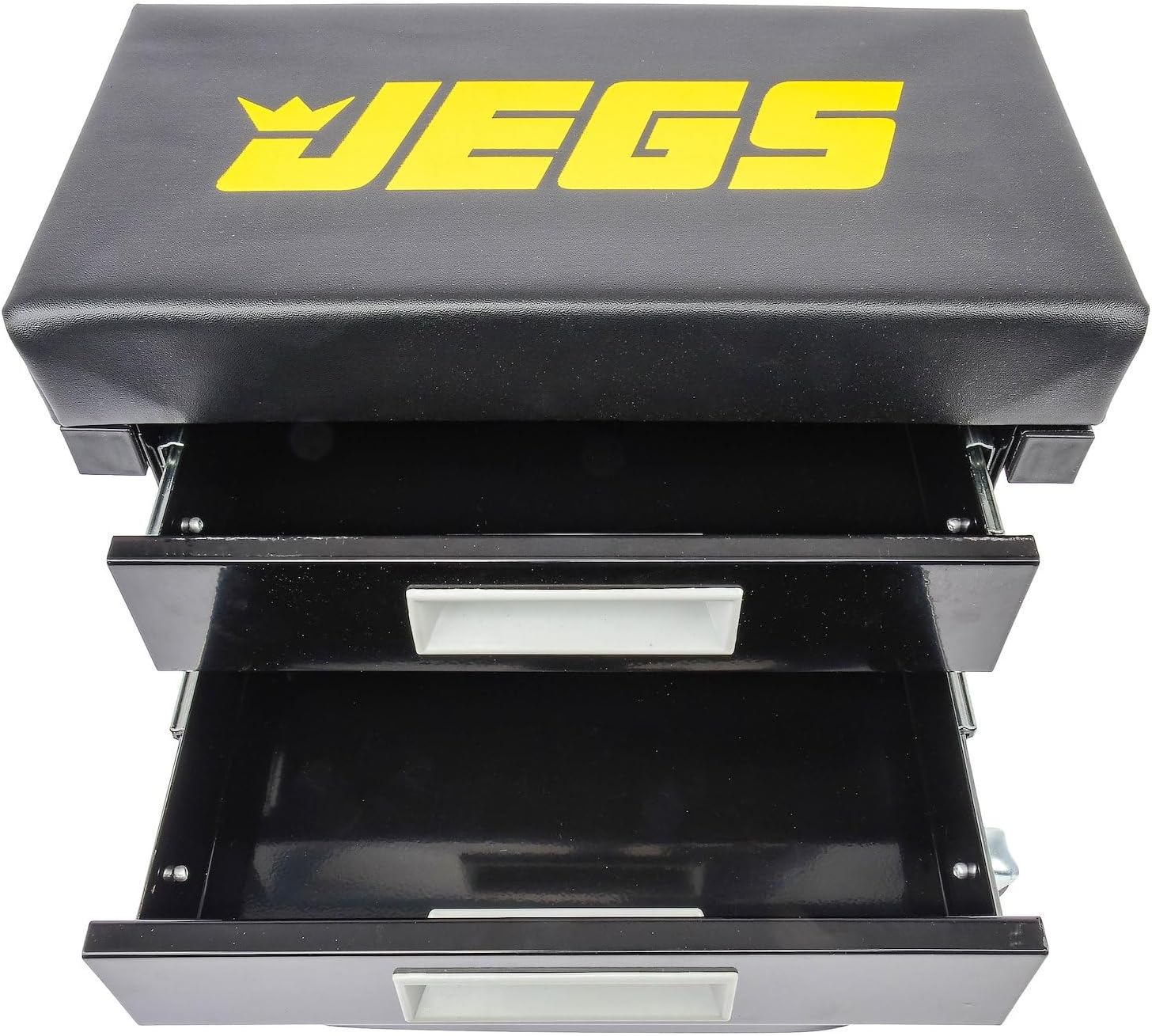 JEGS Mechanic Seat With Drawers and Tool Tray | 300 LBS Capacity | Black Finish with JEGS Logo | Padded Seat | 4 Caster Wheels