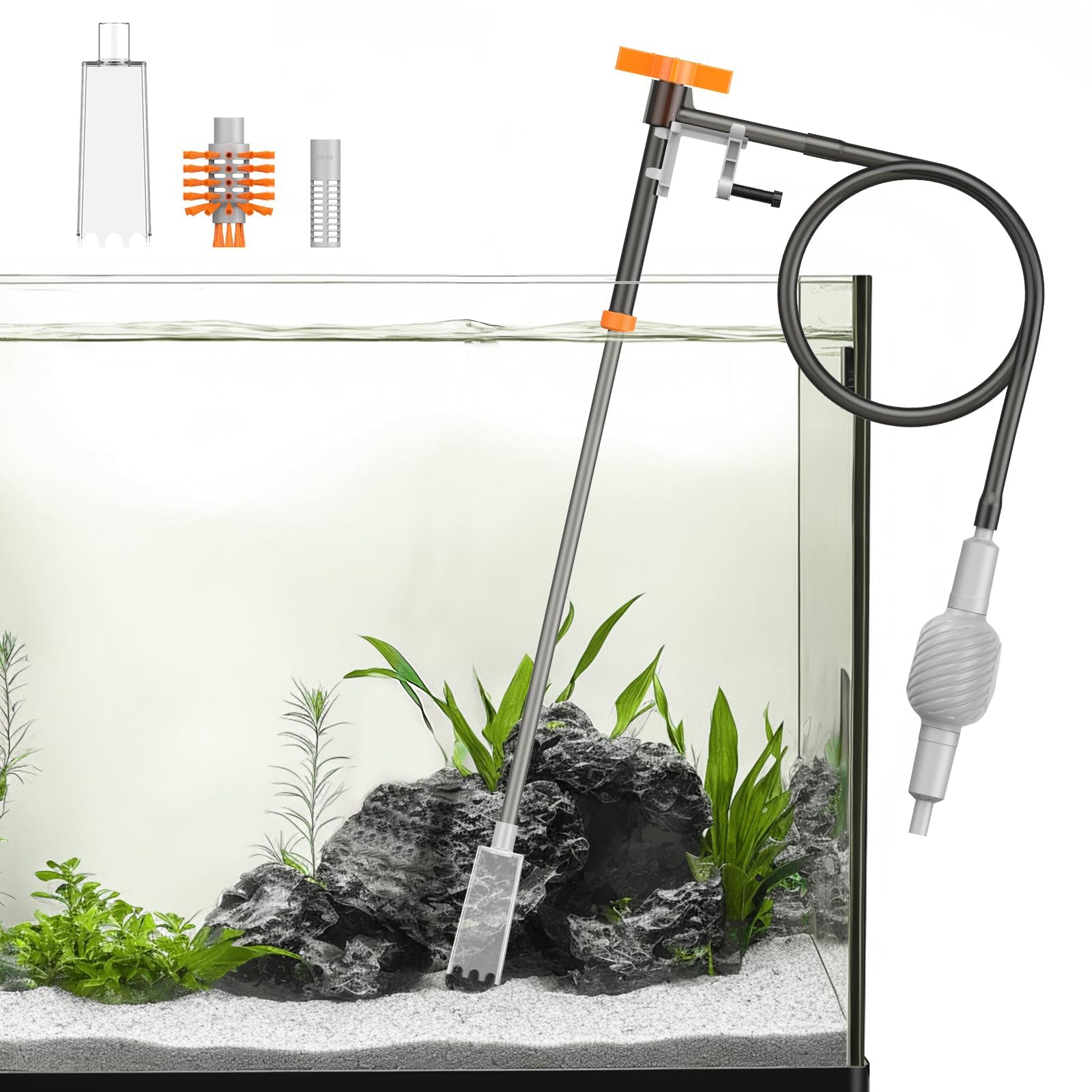 Pawfly Kit Cambiador Agua Acuario Sifón Limpiador con Manguera 1.4 m y Tubo Extensible Herramientas Limpieza Grava para Cambio Agua Lavado Arena y Mantenimiento