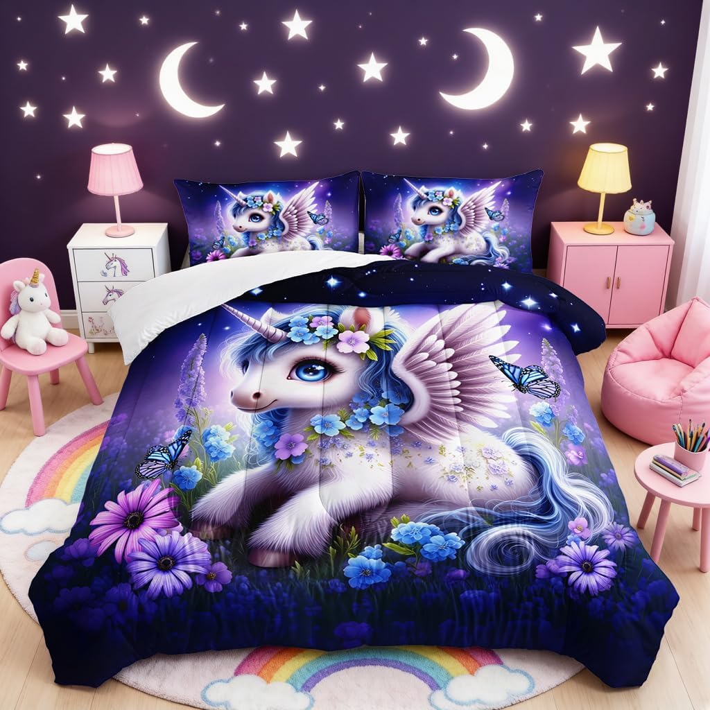 HOSIMA Unicorn Queen Comforter Set for Kids,Kawaii Unicorn Surrounded by Flowers Butterflies Print Animal Bedding,Lavender Pattern Princess Bedding for Teenage Girl Room Decor with 2 Pillowcases.