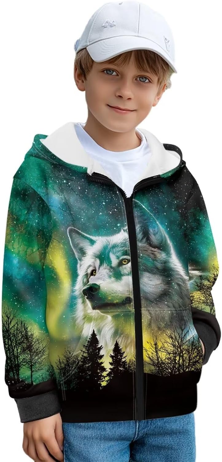 Dolyues Sweatshirt Boy Hoodie Sweatshirt Zip-Up Casual Pocket Jacket Spring Fall Clothes for School Travel 6-12 Years