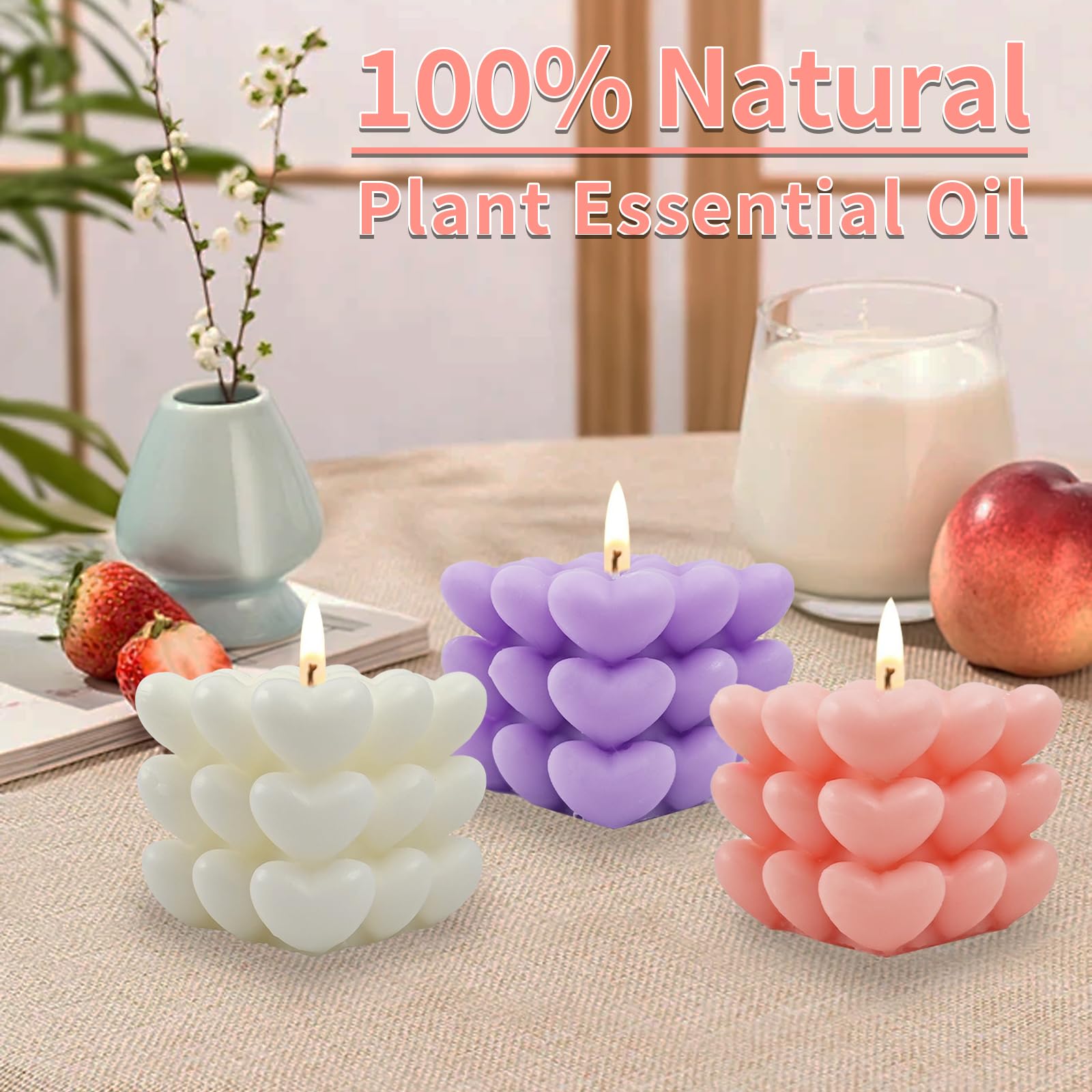 Candele Profumate A Forma Di Cuore | 3 Pezzi | Bianco, Viola, Rosa | Cera Di Soia | Con Nastro E Biglietto - Foto 11