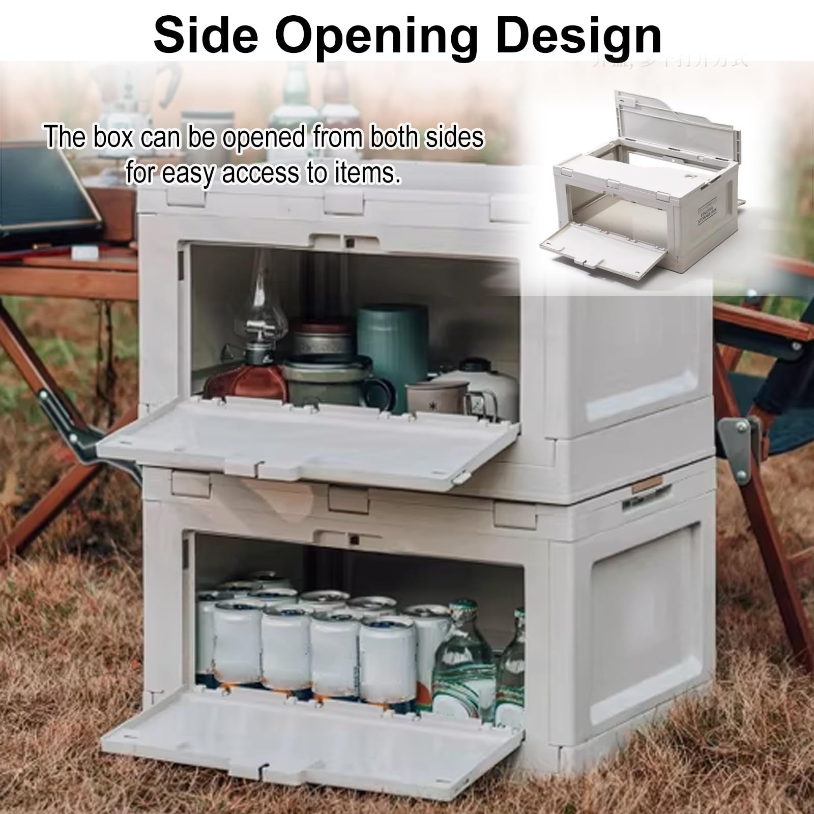 Plegable con tapa de madera, contenedor portátil de apertura de 2 vías, apilable, para camping, hogar, uso al aire libre (mamá)