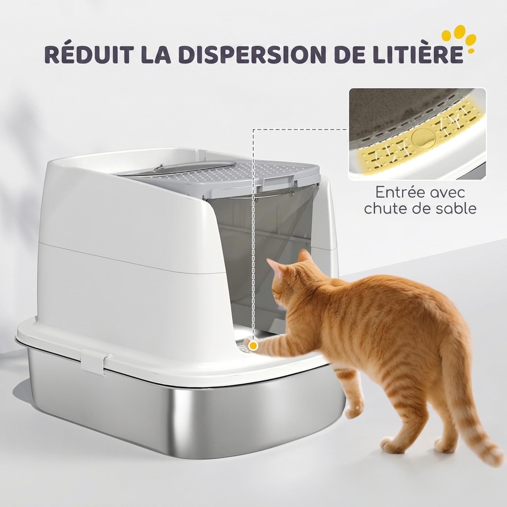 PawHut Bac à Litière Fermé en INOX pour Chat Pelle 52,4x41,3x39,8cm Blanc | Maison de Toilette pour Chat, Couvercle Amovible, Entrée Frontale et Sortie Supérieure, Sachet Désodorisant