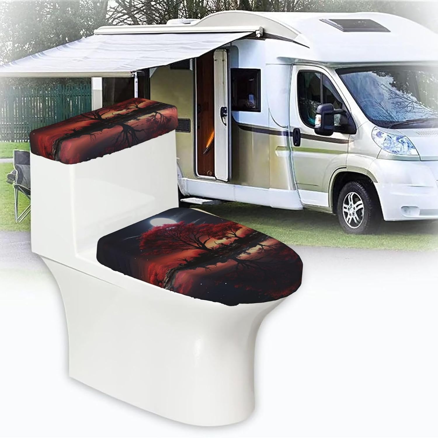 Red Tree Lake Moon Toilet Tank Cover And Toilet Lid Cover Set Stretch Bathroom Toilet Lid Seat Cover