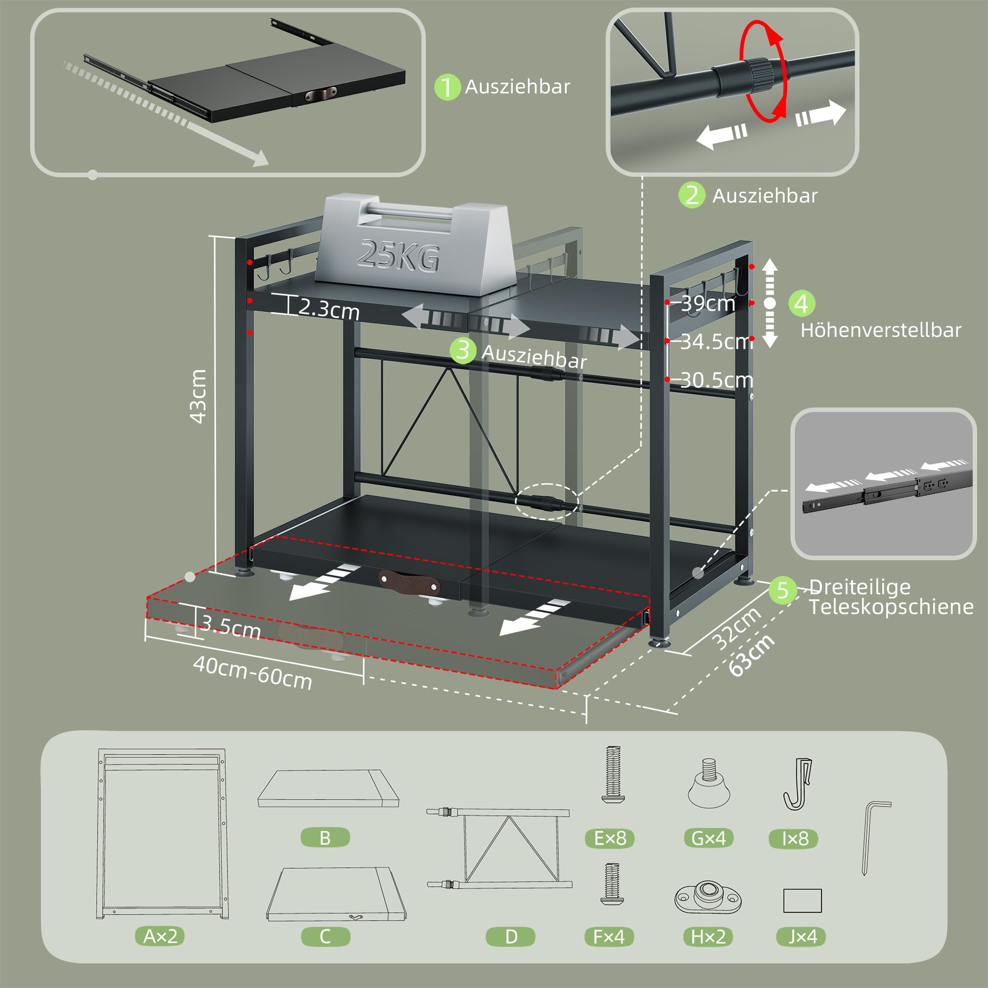 NETEL Erweiterbares Mikrowellen Regal mit schublade,2 stufig küchenregal | Regal küchen organizer für Backofen,kaffeemaschine&aufbewahrung,Robuster Kohlenstoffstahl,8 Haken,2 stufig,Schwarz