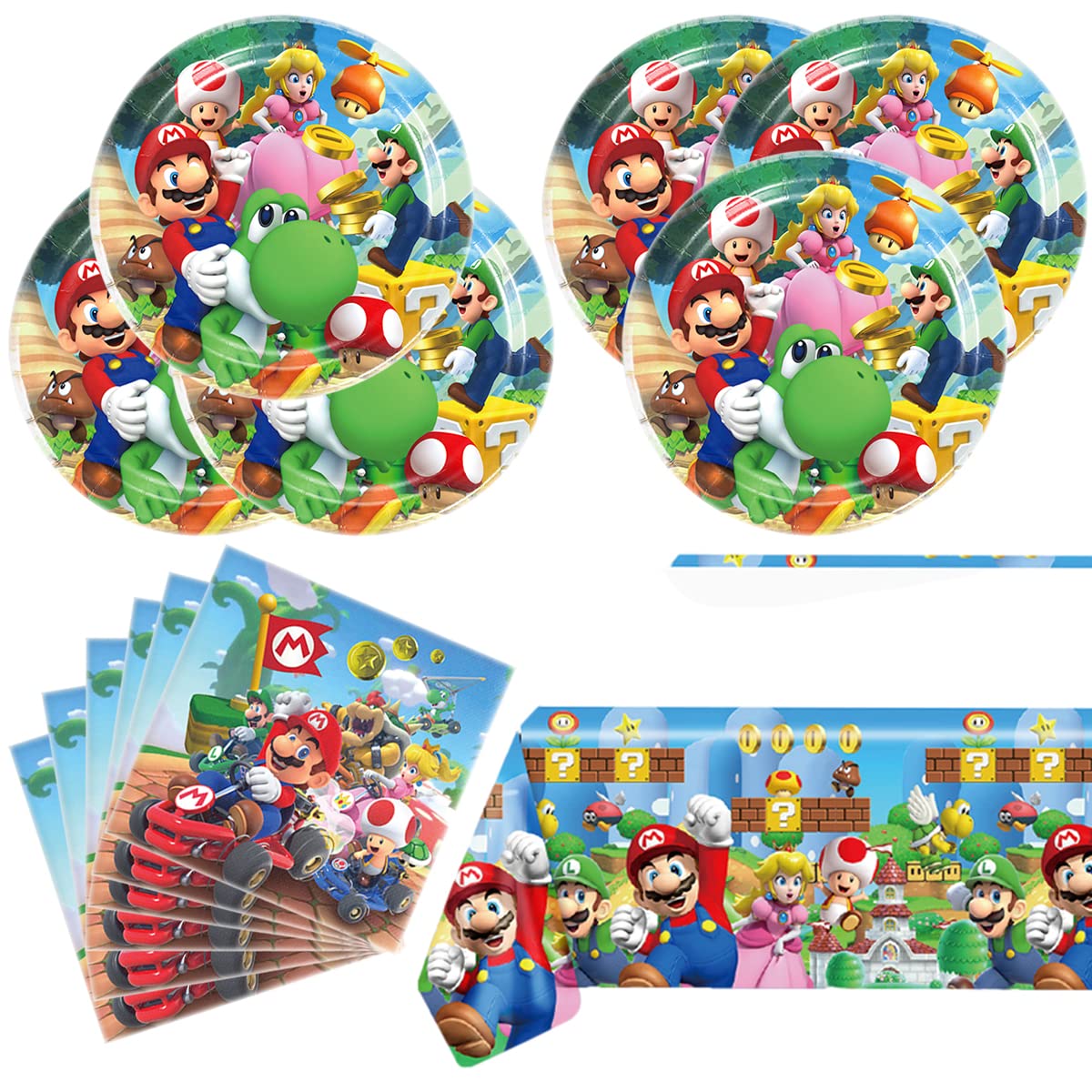 QWLEYCHN Mario Party Tableware Set, 20 Plates 20 Napkins And 70*42inch tablecloths For Mario Birthday Theme Party Decoration Supplies
