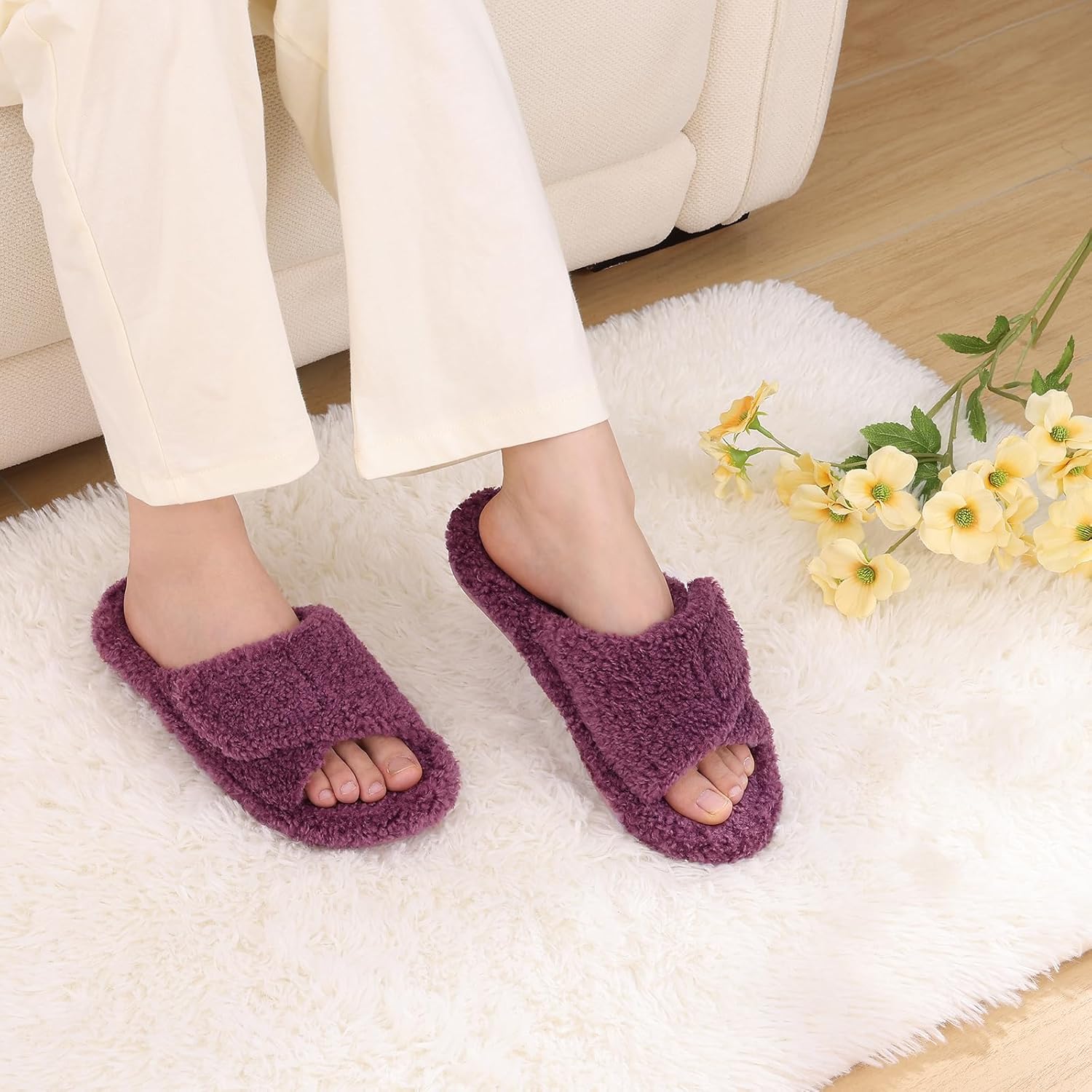 Litfun Womens Fuzzy Arch Support Slippers Orthopedic Comfy Adjustable Open Toe House Shoes, New Purple 39 - Image 2