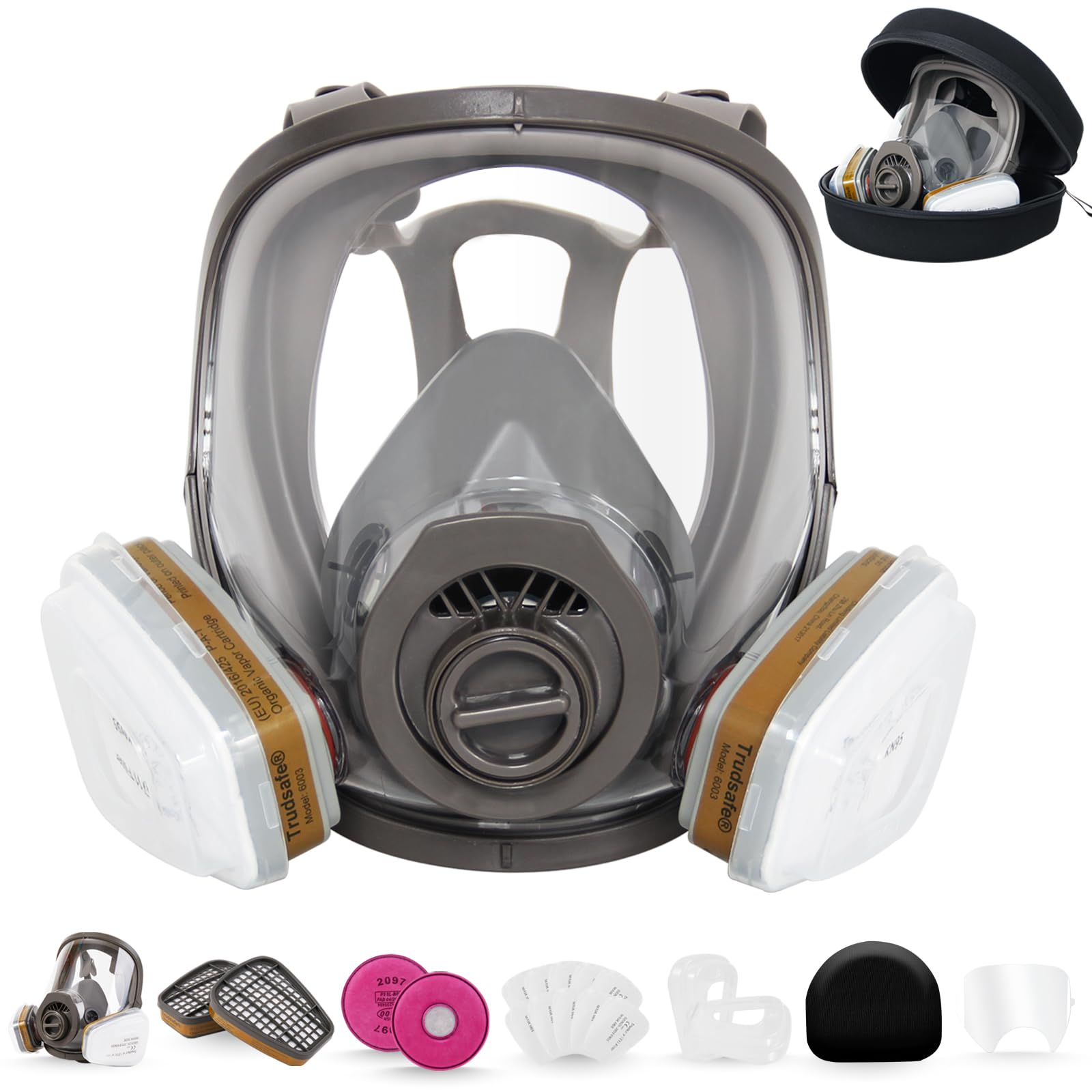 Máscara Respiratoria Completa con Estuche de Viaje Rígido para Pulverización y Vapor Orgánico, Máscara Antipolvo, Máscara para Pintar, Máscara para Gases de Trabajo con Filtro para Vapor Orgánico