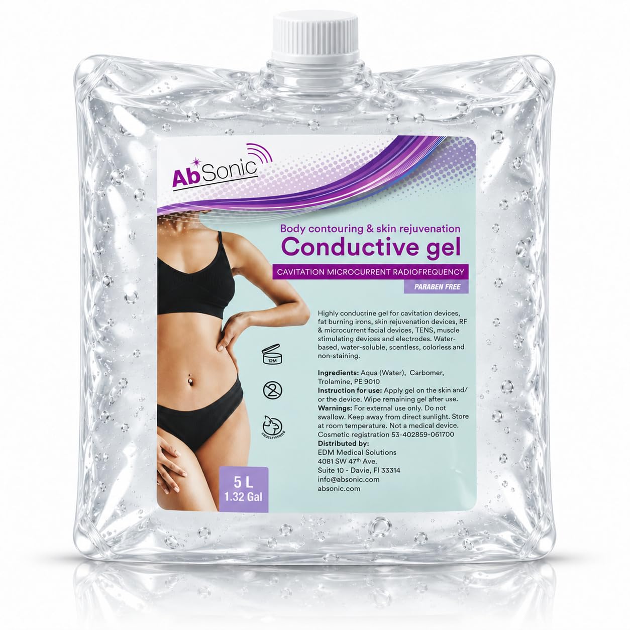 Absonic Clear Conductive Gel for Ultrasound, Cavitation Machine, Laser Hair Removal & RF Devices – Body Sculpting Gel 5 Liter (1.3 Gallon) Bulk Refill – Paraben-Free, Hypoallergenic