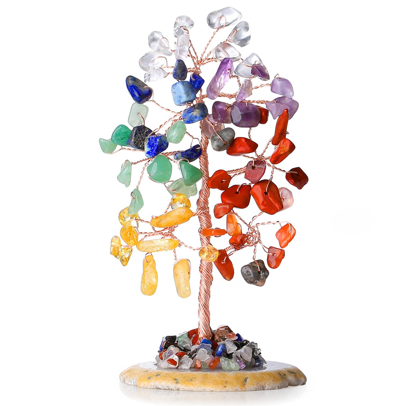 7 Chakra Healing Crystal Tree of Life Natural Gemstone Agate Slice Base Copper Wire Wrapped Money Trees Feng Shui Reiki Spiritual Energy Decorations Home Office Room Desk Decor Gifts for Women Men