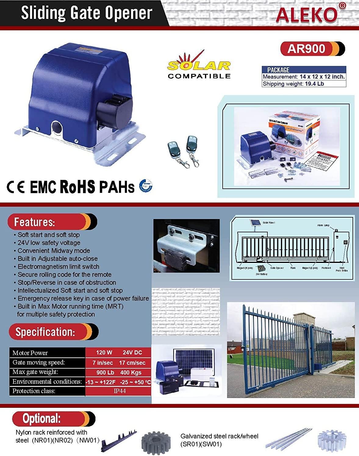 Diagram showing the features and specifications of the ALEKO AR900 sliding gate opener, including motor power, gate speed, max gate weight, environmental conditions, and protection class.