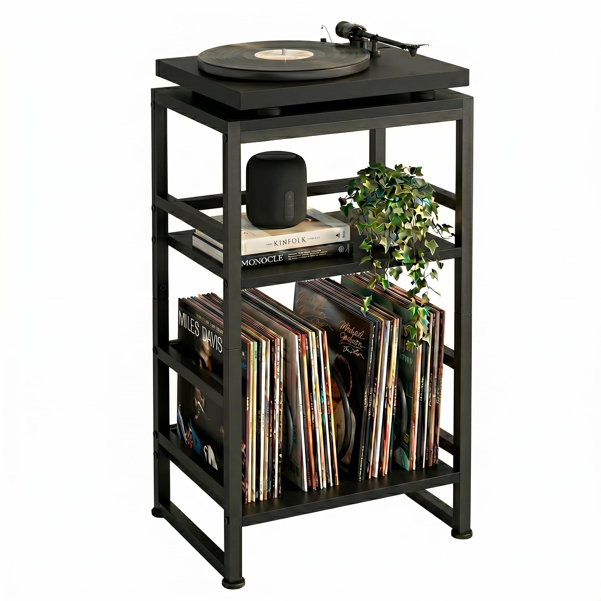 ZEXVIDA Vinyl Record Player Stand, 3-Tier End Table with Vinyl Record Storage, Record Player Table Holder Cabinet Up to 120 Albums for Living Room Bedroom - Black