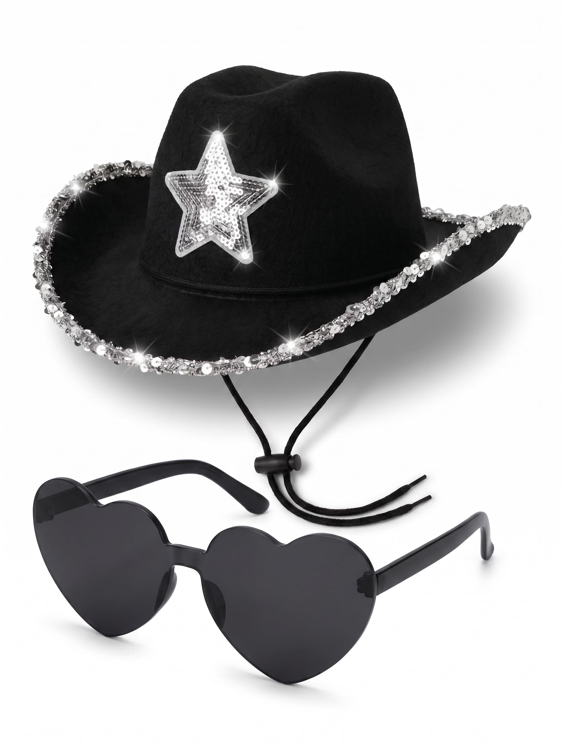 Star Cowboy Hat and Heart Glasses Cowgirl Accessories for Women Country and Western Fancy Dress - Sequin Cowgirl Hat and Heart Shaped Glasses Cowboy Accessories for Women Wild West Fancy Dress (Black)