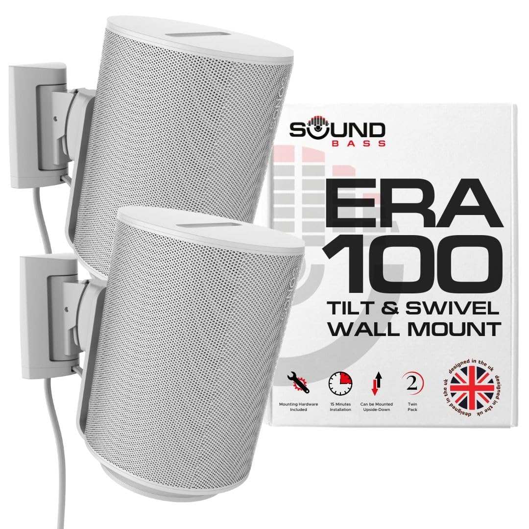 Sound Bass ERA100 Wall Mount Bracket, Tilt and Swivel, White, Twin (2pcs), Compatible with Sonos ERA 100, Effortless Installation, Includes Mounting Kit, Double, Pair