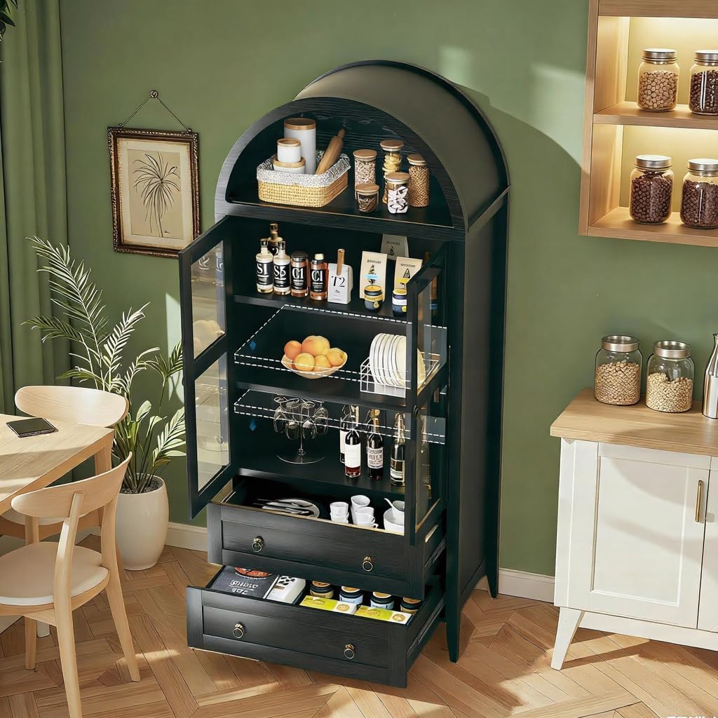 71" Tall Arched Kitchen Pantry, Pantry Cabinet, Kitchen Storage Cabinets with 2 Large Drawers & Adjustable Shelves & Glass Door for Living Room, Dining Room, Black