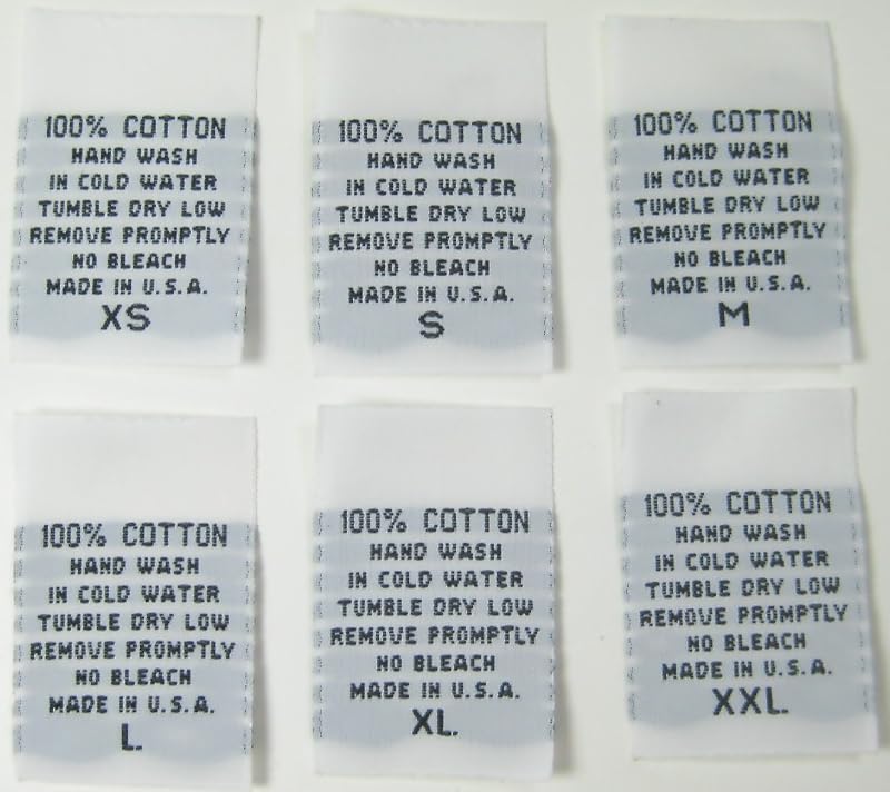 250 etiquetas de etiquetas para el cuidado de la ropa, tejido blanco, 100 % algodón, lavado a mano, XS, S, M, L, XL, XXL (41 unidades de cada tamaño)