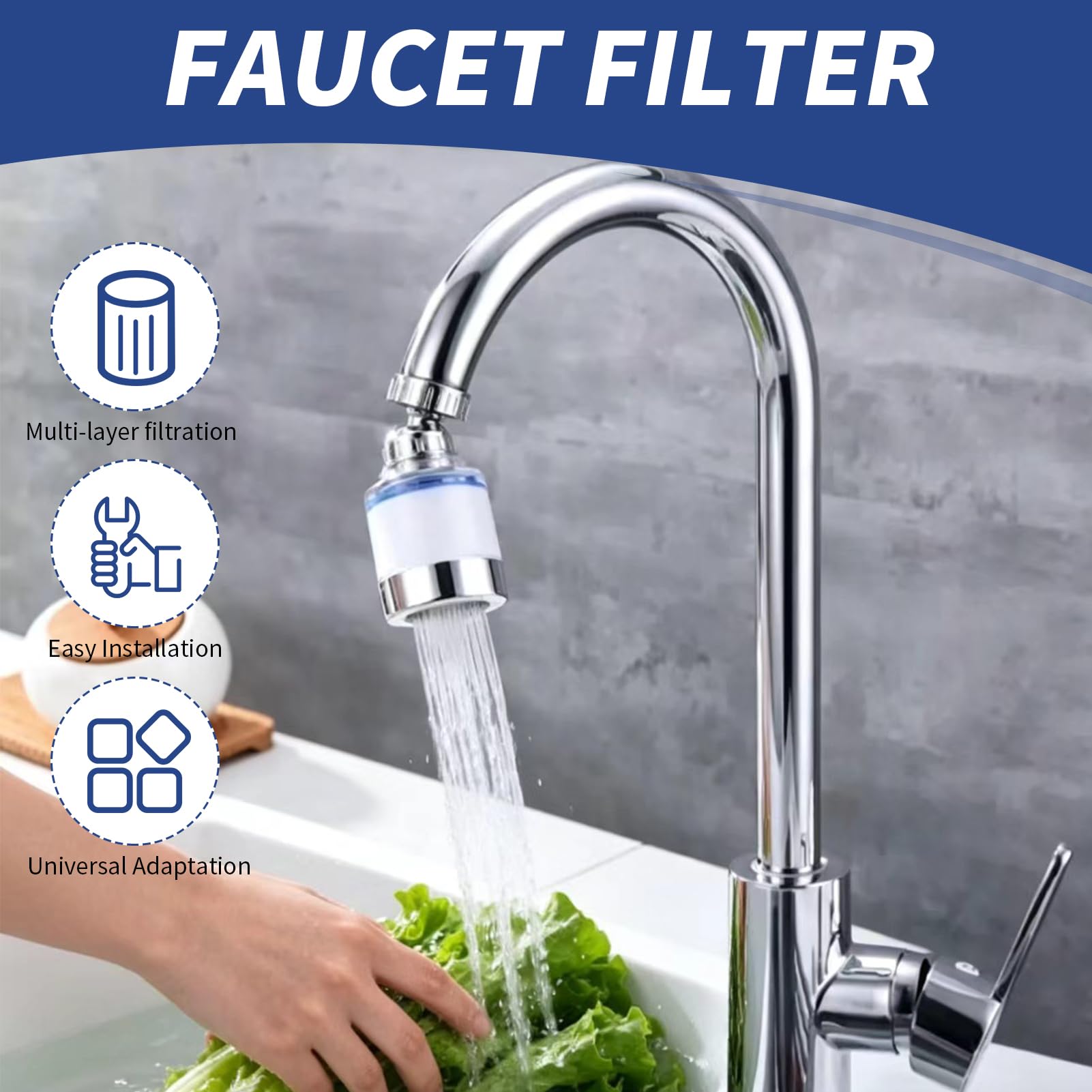 Filtro de Agua para Grifo con Adaptador Universal, Incluye 2 Cartuchos Reemplazables, Filtración de Agua de Carbono Rotatoria 360° para Eliminar Metales Pesados, Cloro, Protege la Salud Familiar