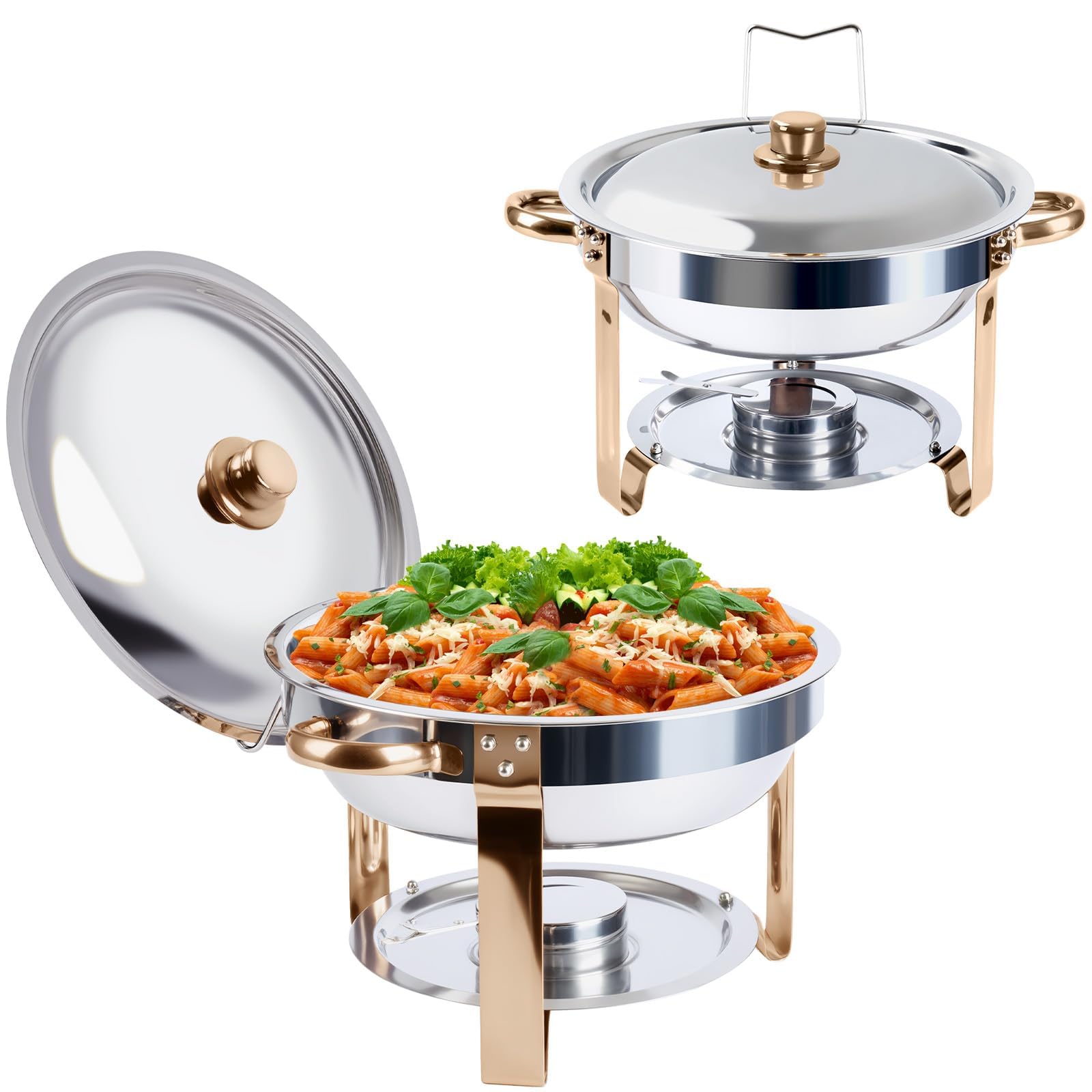 Chafing Dishes & Food Wamers Round, 5 QT Rose Gold Chafing Dish for Buffet Set, 2 PC Stainless Steel Round Chafers for Parties, Hotel Catering, Camping, Dinner (2)