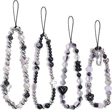 TINKRSTUFF 4 PCS Cute Phone Charms Aesthetic Y2K Cellphone Wrist Strap Bear Cross Heart Silver Accessories Black Beaded Anti-Theft Phone Chain String for Bag Keychain Airpods Camera Pendants Decor