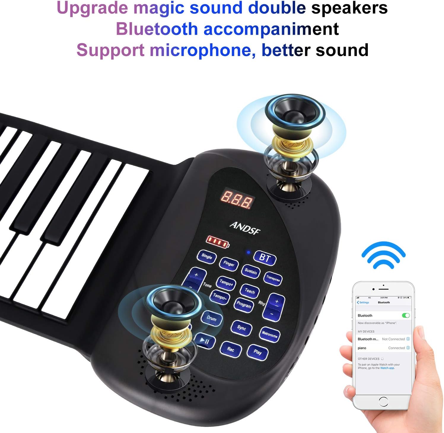 Portable Flexible Electronic 88-Key piano | Double Loudspeaker with Bluetooth microphone music keyboard piano built-in rechargeable battery for beginners gift(Children's Day Gifts)