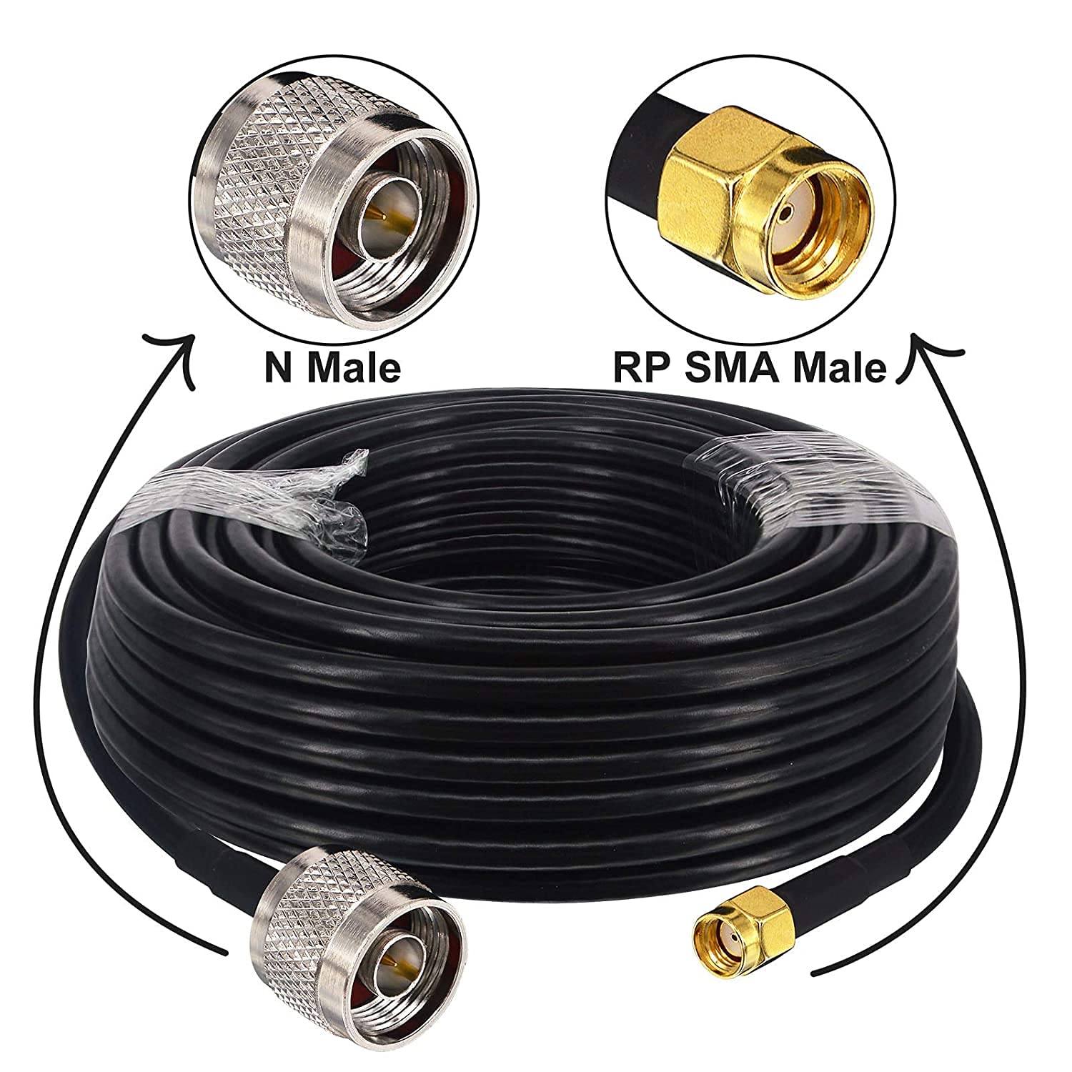 15 m de cable coaxial RG58 de baja pérdida para antena wifi, jumpers y pigtails, de N macho a RP-SMA macho (orificio), 50 ohmios, para 3G/4G/LTE/Ham/GPS/RF antena FPV, wifi, router wlan