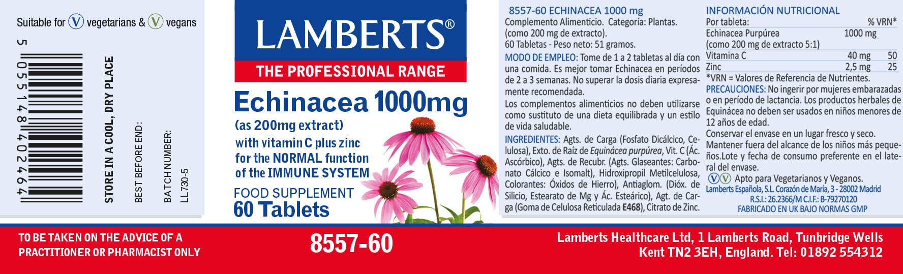 Lamberts Equinácea 1000 mg | Extracto Concentrado con Vitamina C y Zinc | Sistema Inmunitario | 60 Tabletas | Calidad Farmacéutica GMP